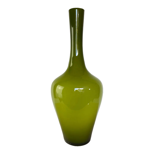 Vintage Mid-Century Italian Empoli-Style Cased Glass Bottle Vase in Olive Green