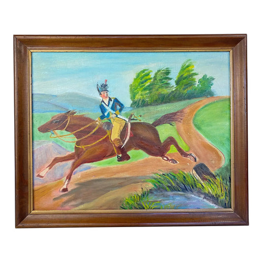 Vintage Naive Folk Art Painting, Equestrian Officer, Signed Anna Werner