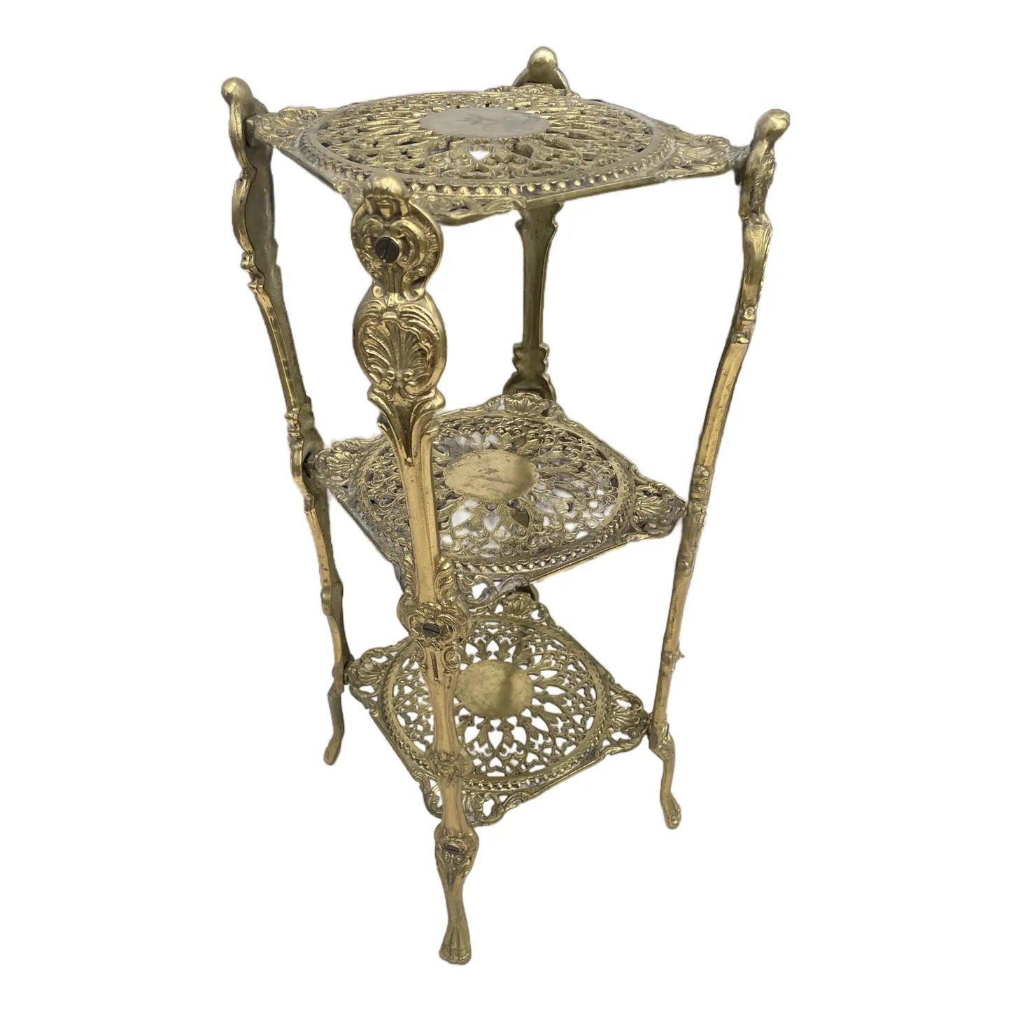 Vintage Ornate Brass Three-Tier Plant Stand Accent Table — Hollywood Regency Style
