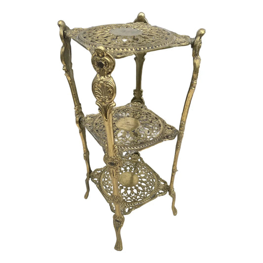 Vintage Ornate Brass Three-Tier Plant Stand Accent Table — Hollywood Regency Style