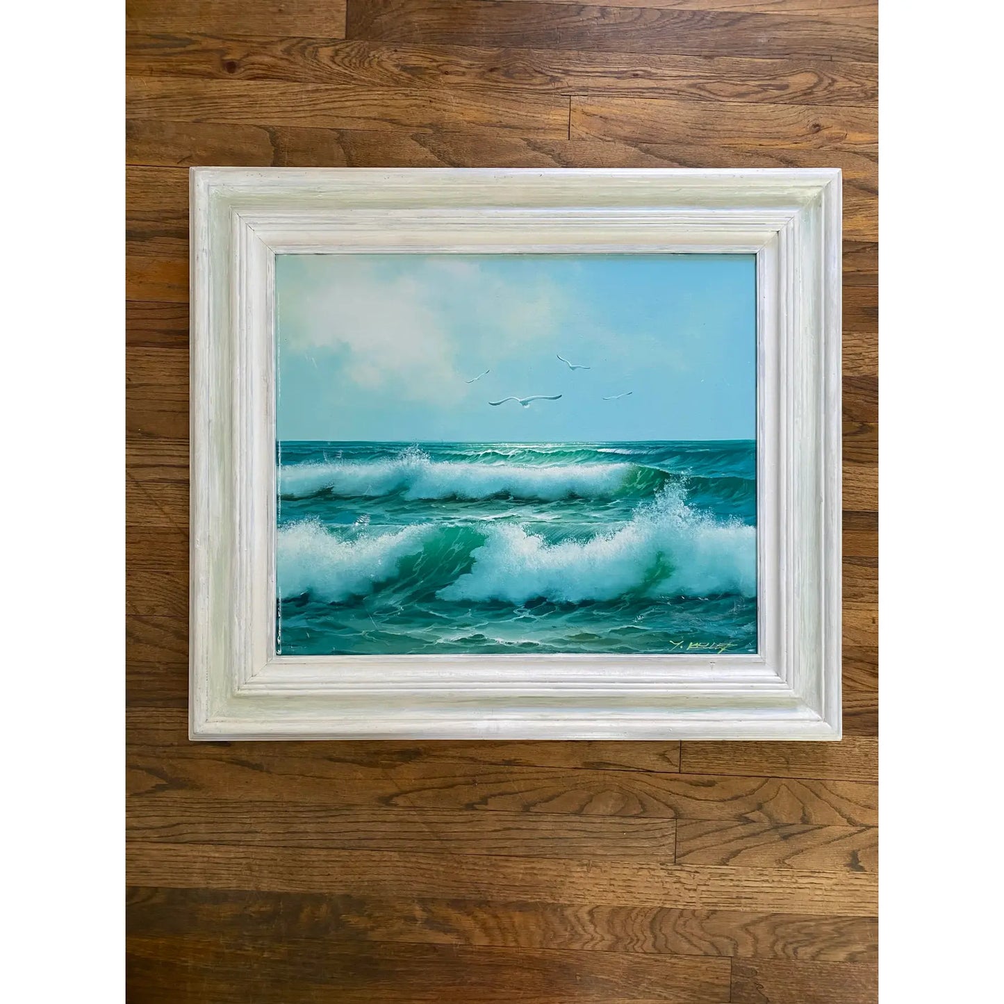 Vintage Signed Y. Keller Seascape Oil Painting, Framed Crashing Waves
