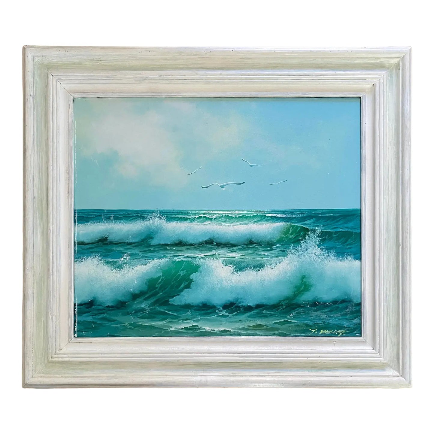 Vintage Signed Y. Keller Seascape Oil Painting, Framed Crashing Waves