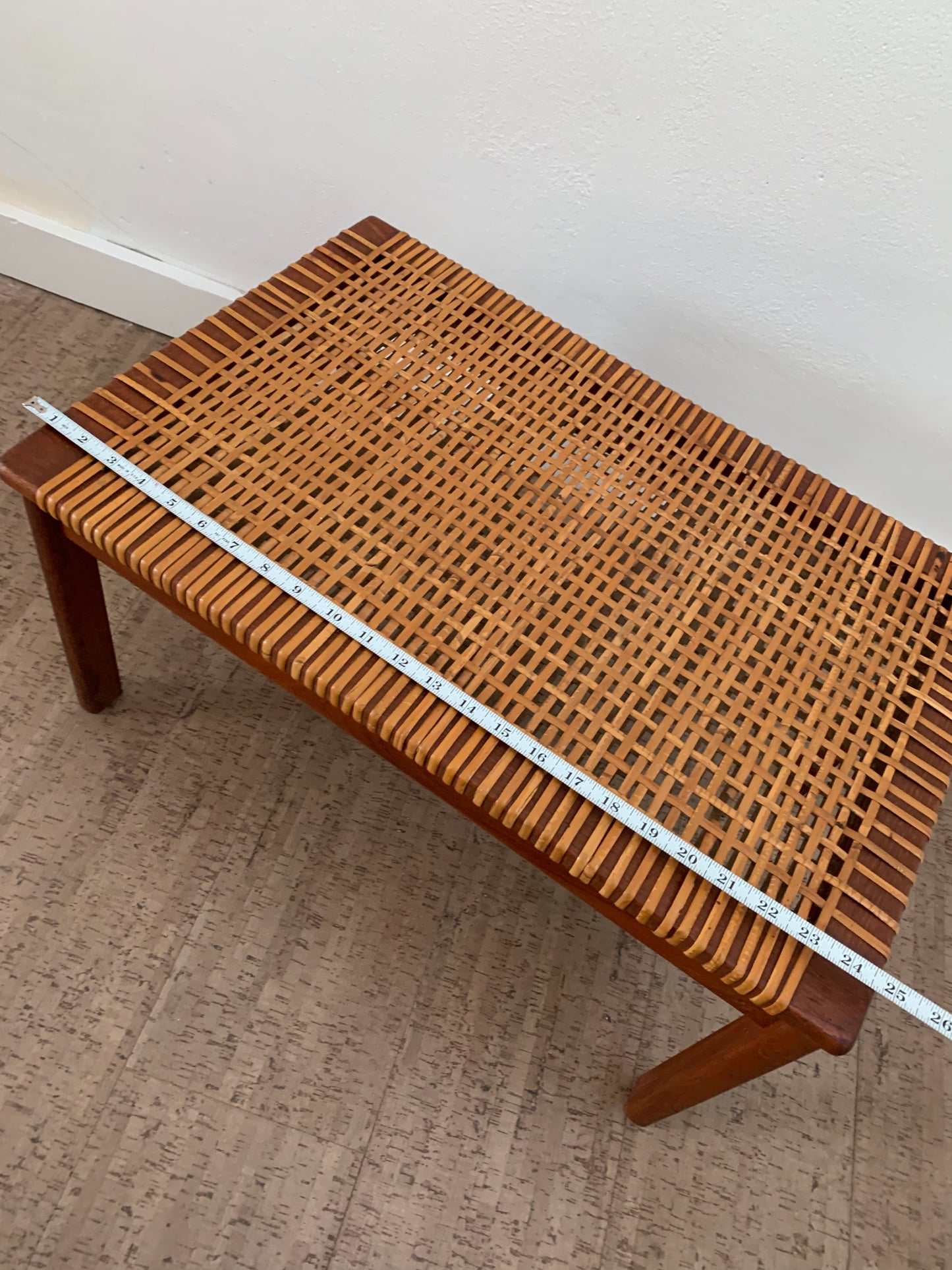 Mid-Century Modern Solid Teak Wood Bench With Original Caning