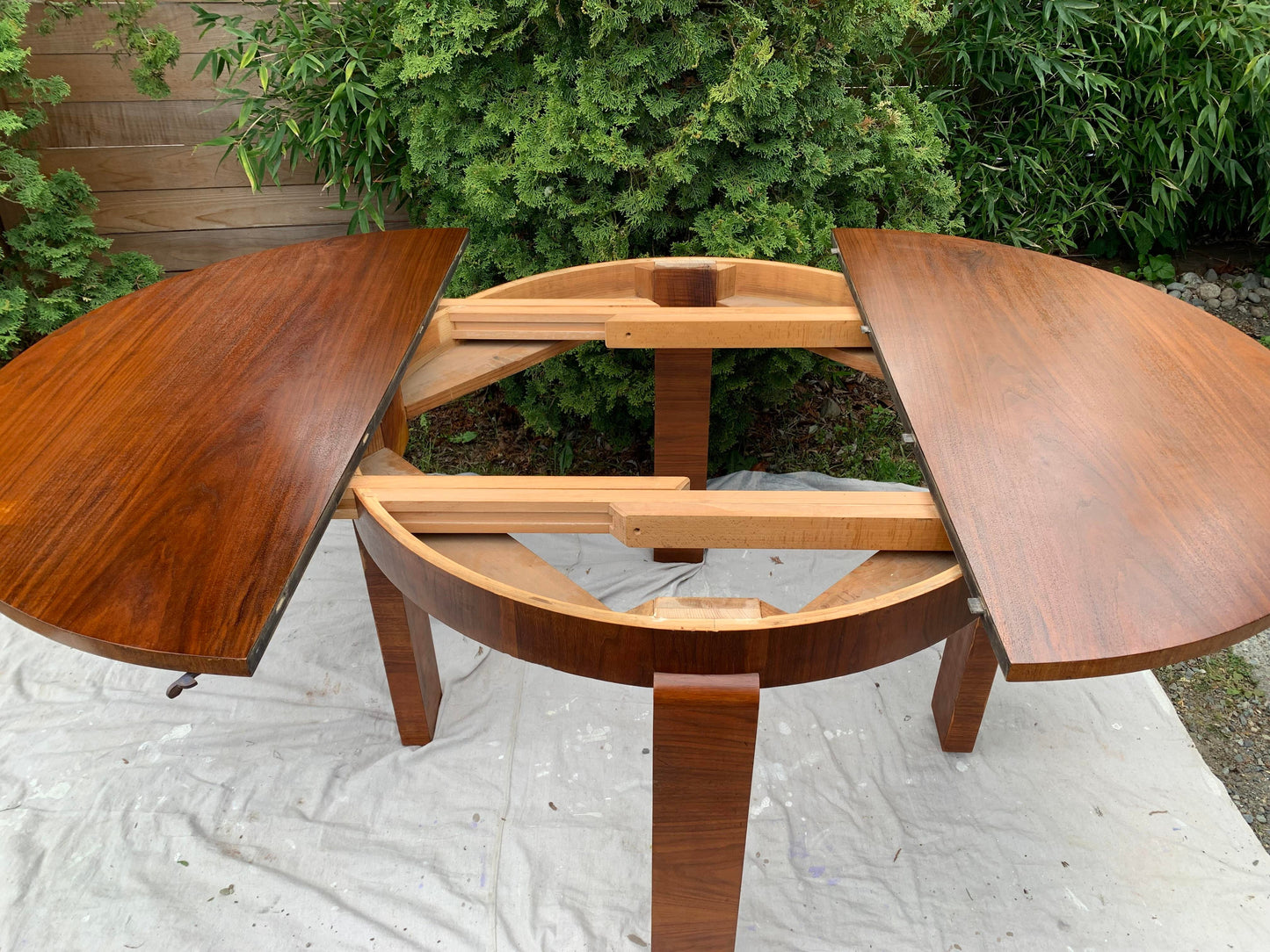 1950s Art Deco Style Circular Expandable Walnut Dining Table With Waterfall Leg