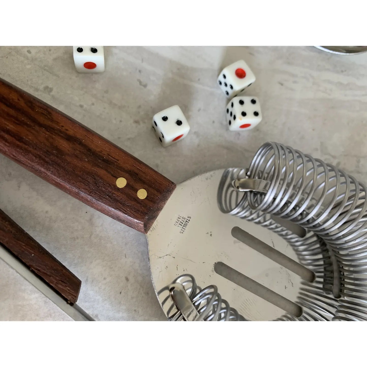 1960s Mid-Century Modern Japanese Rosewood Handled Barware With Mini Dice- 7 Pieces
