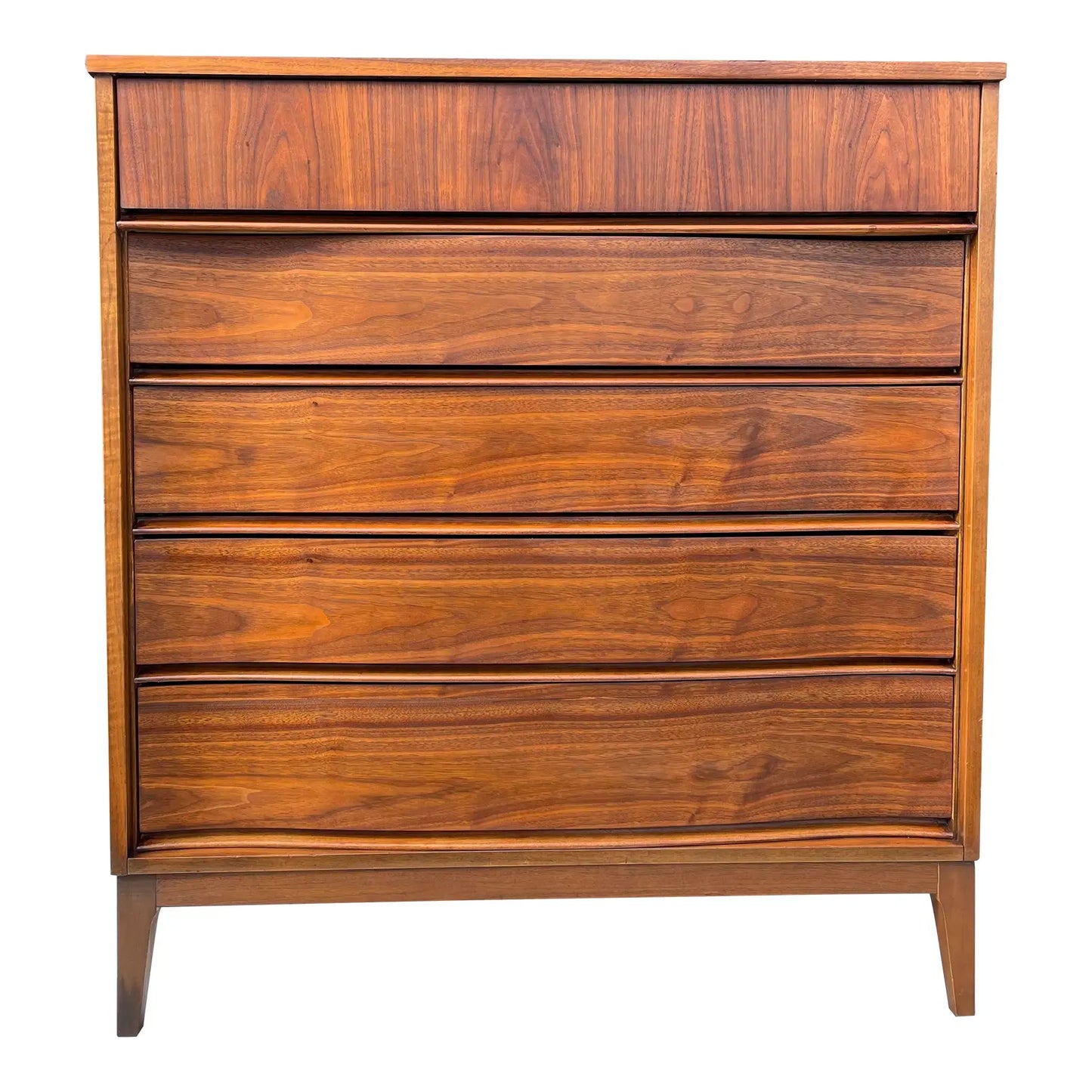1960s Mid-Century Modern Walnut Highboy Dresser With Curved Front Drawers