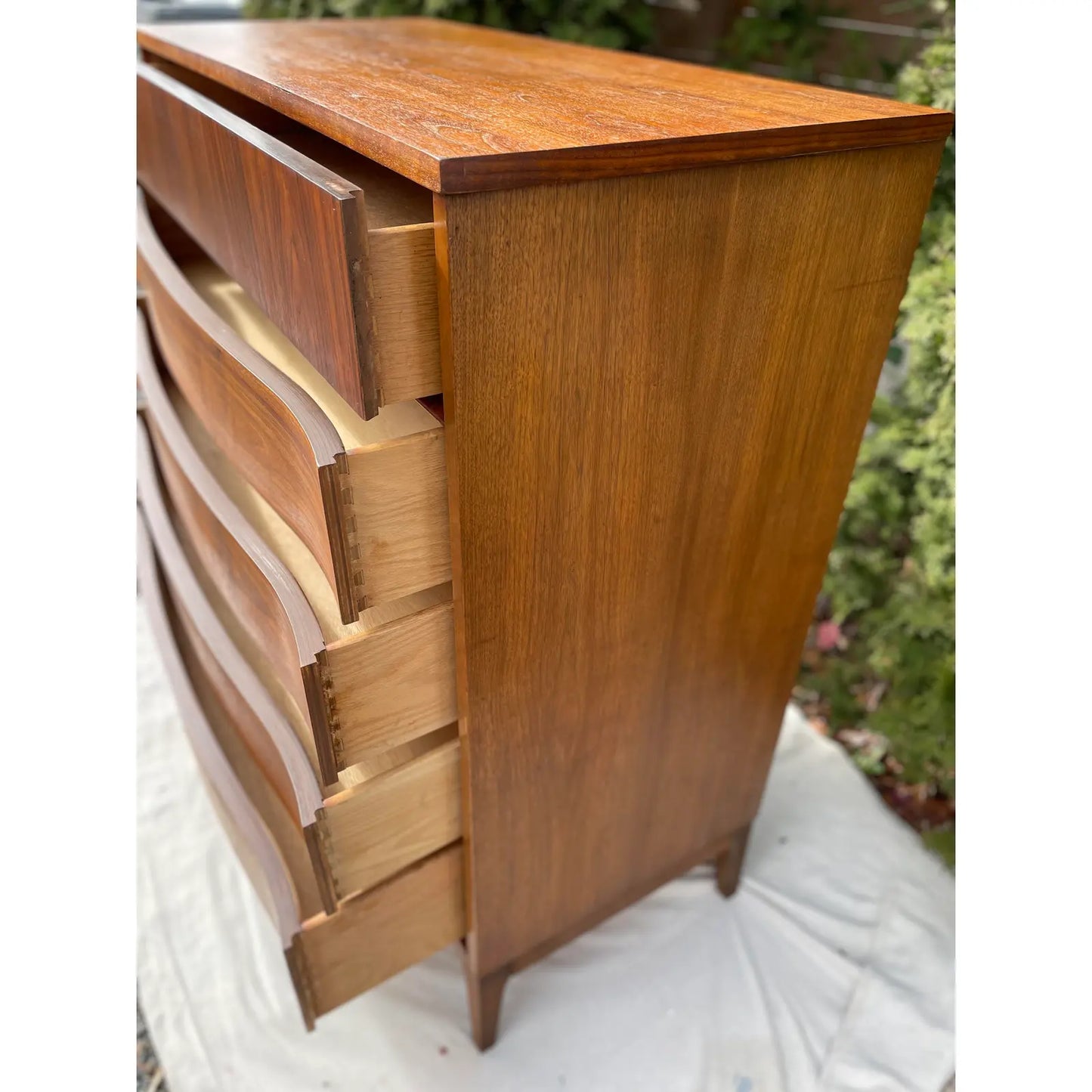 1960s Mid-Century Modern Walnut Highboy Dresser With Curved Front Drawers