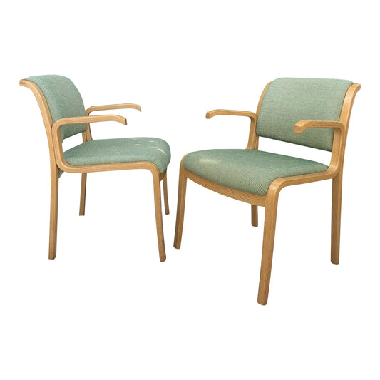 1970s Vintage Thonet Bentwood Oak Upholstered Armchairs - a Pair