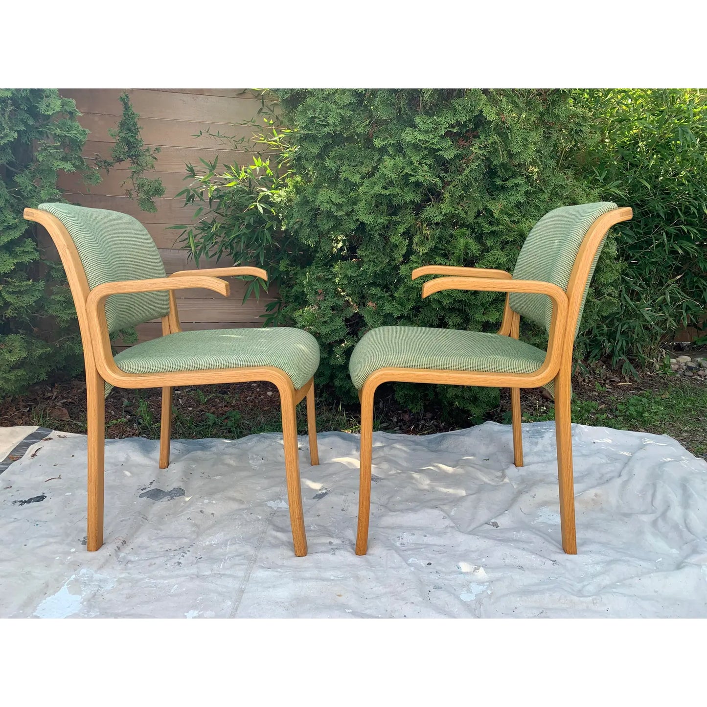 1970s Vintage Thonet Bentwood Oak Upholstered Armchairs - a Pair