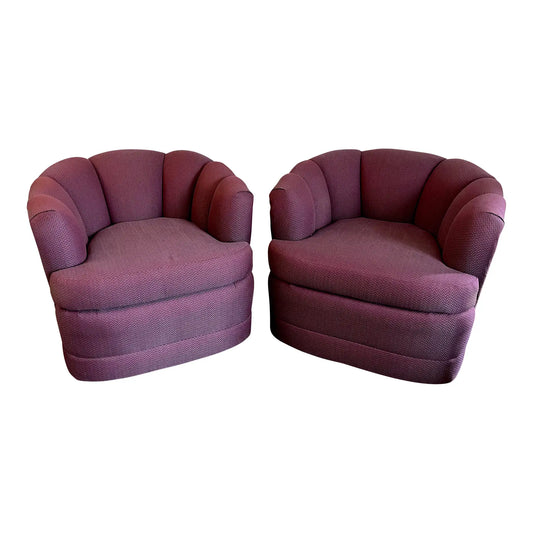 1989 Vintage Purple Barrel Scalloped Back Swivel Club Chairs - a Pair