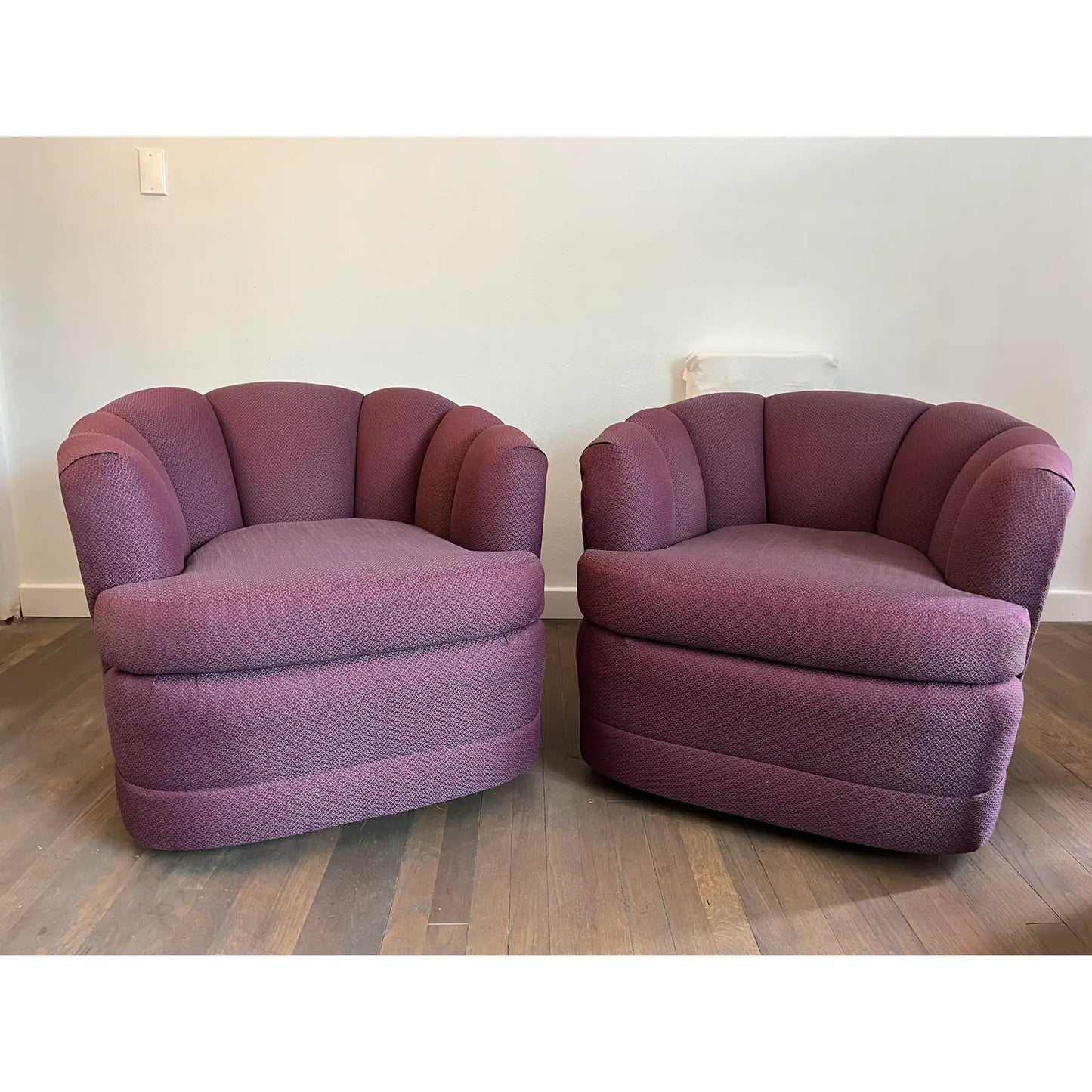 1989 Vintage Purple Barrel Scalloped Back Swivel Club Chairs - a Pair