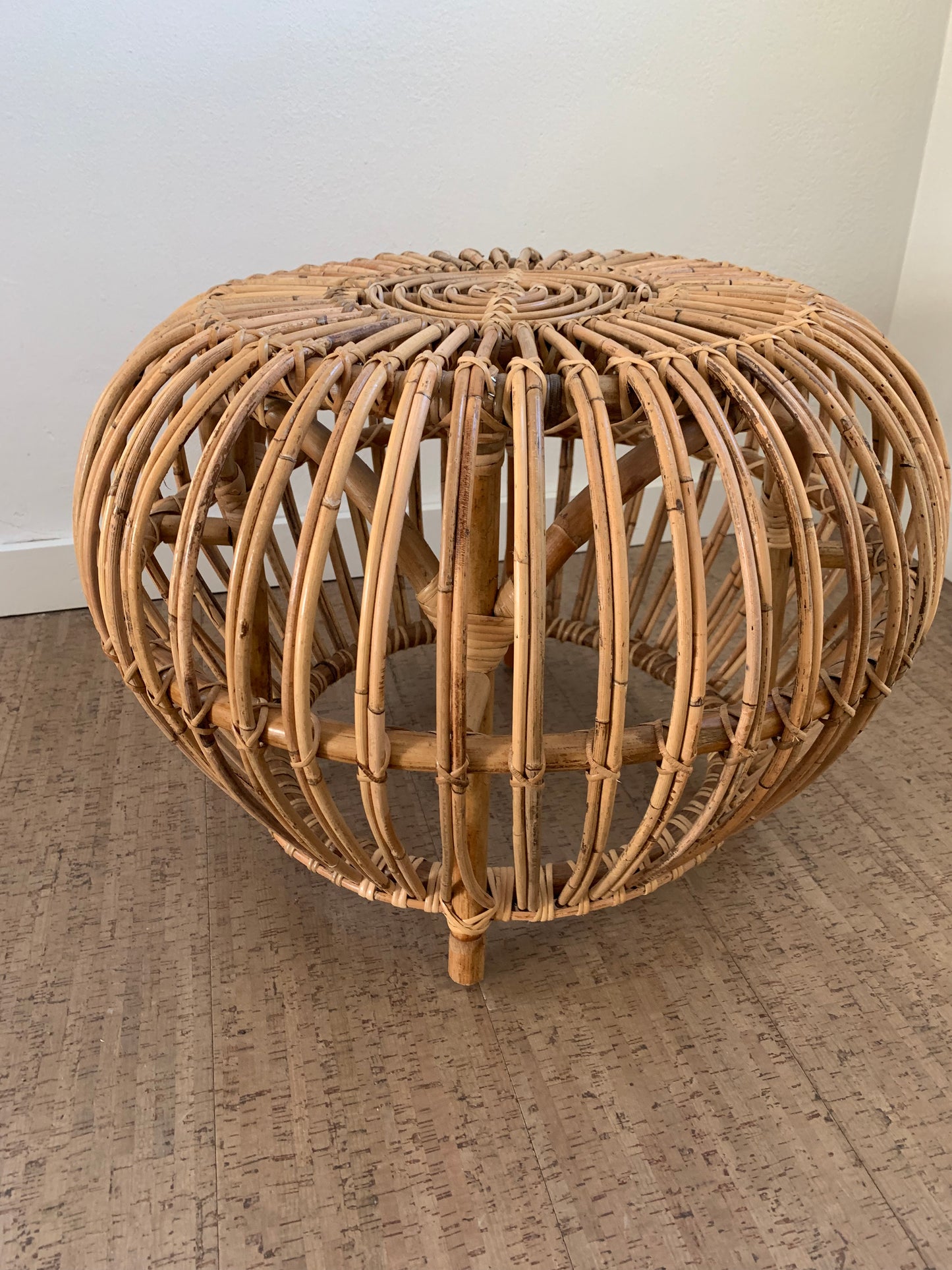 Vintage Mid-Century Modern Rattan Side Table Ottoman Pouf Attributed to Franco Albini