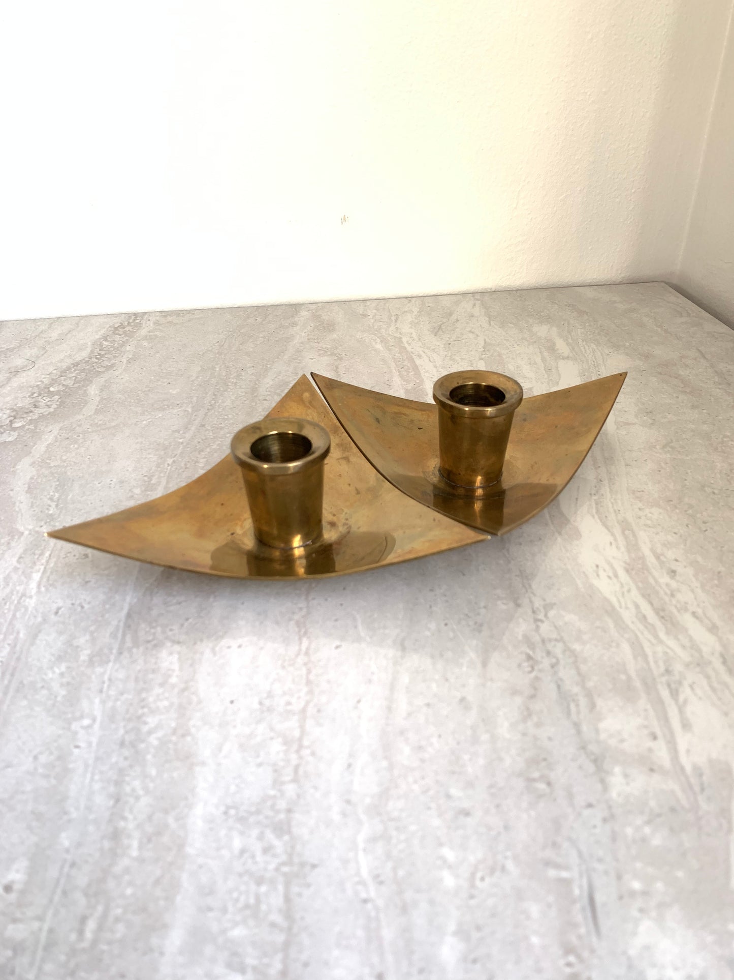 Mid-Century Modern Brass Triangle Boat Form Candle Holders