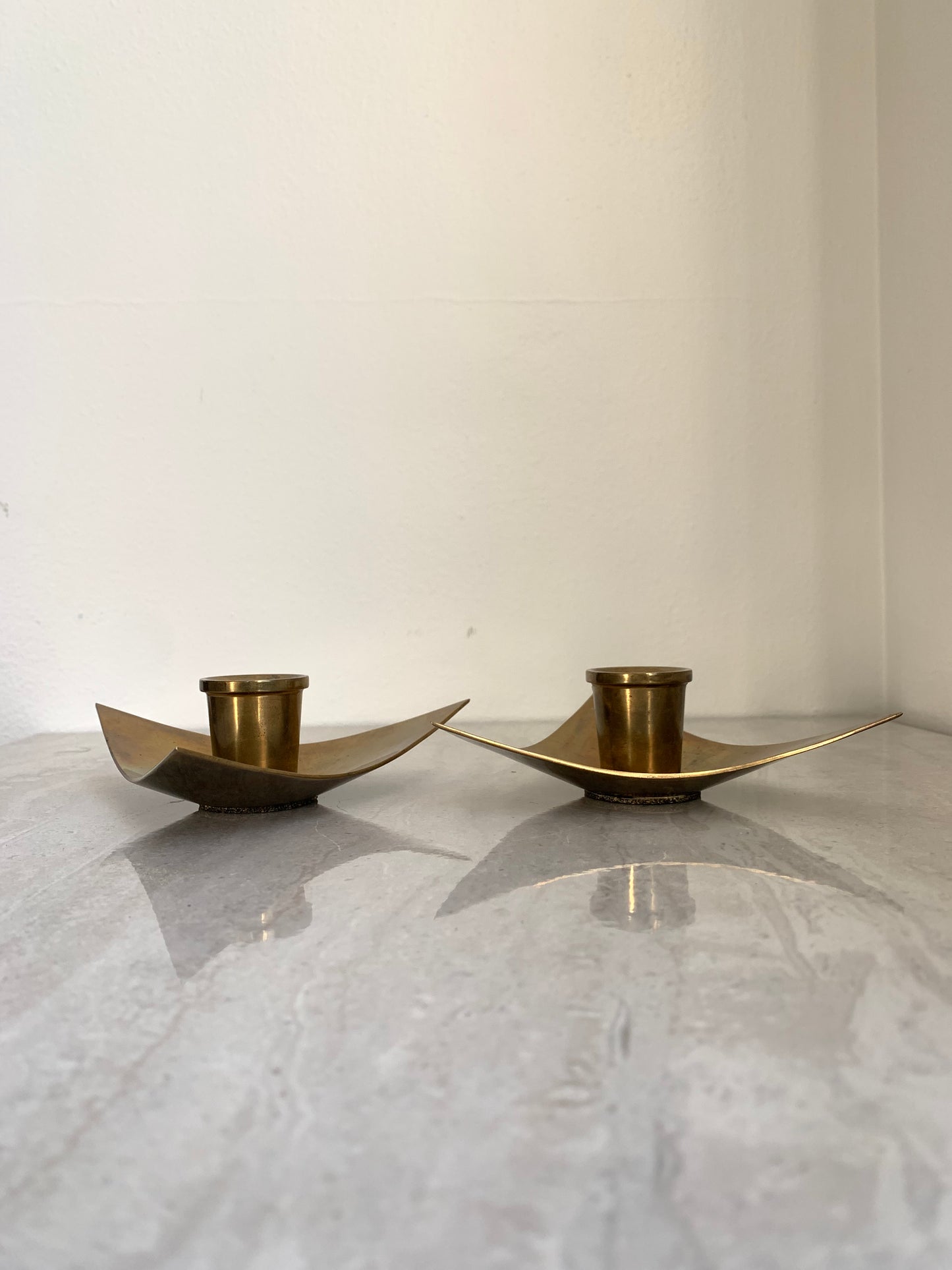 Mid-Century Modern Brass Triangle Boat Form Candle Holders