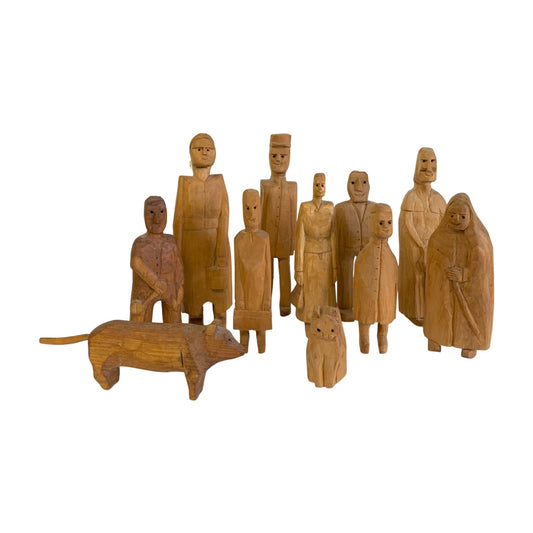 Vintage Mid 20th Century Solid Wood Folk Art Family Carved Figures, 11 Pieces