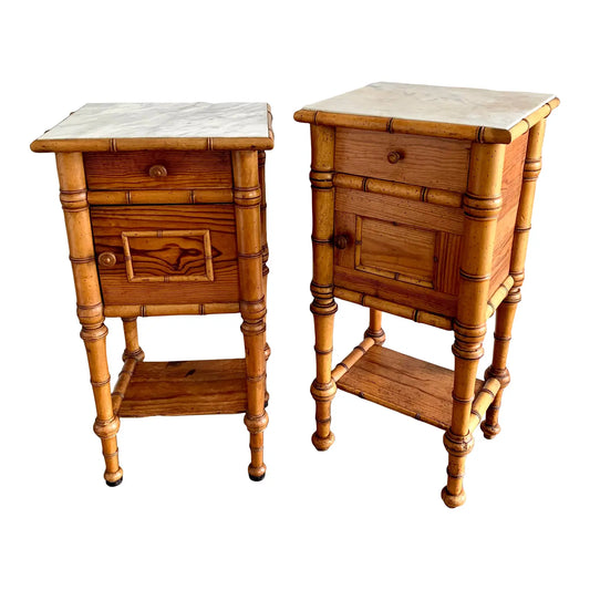 Early 20th Century French Colonial Fir and Marble Safari Style Side Tables - Set of 2