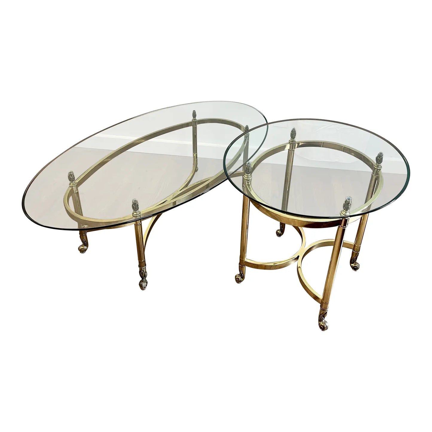 French Hollywood Regency Style Brass and Glass Coffee Tables - Set of 2
