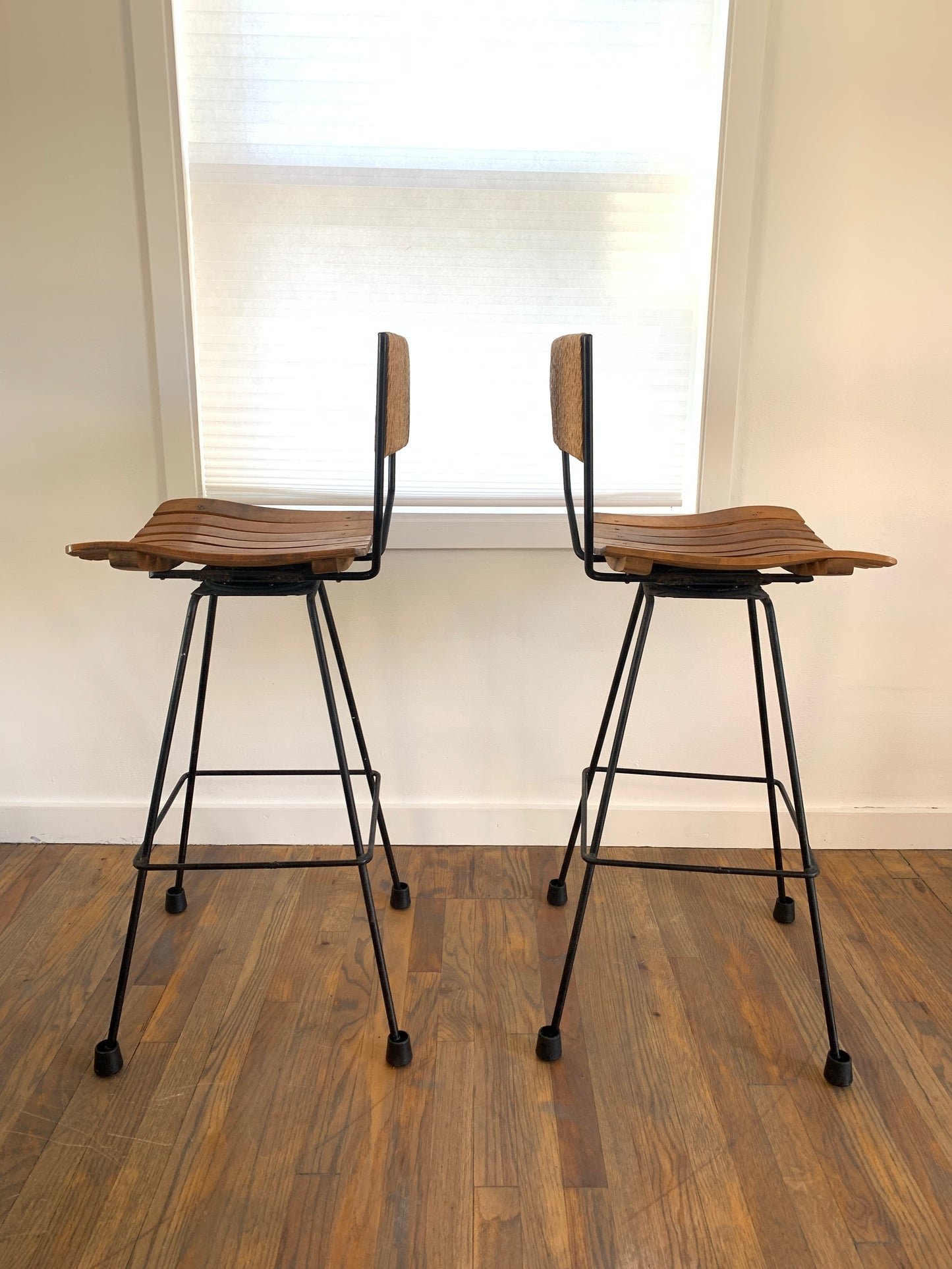 Mid-Century Modern Arthur Umanoff Mid Century Roped, Wood Slat & Iron Bar Stools