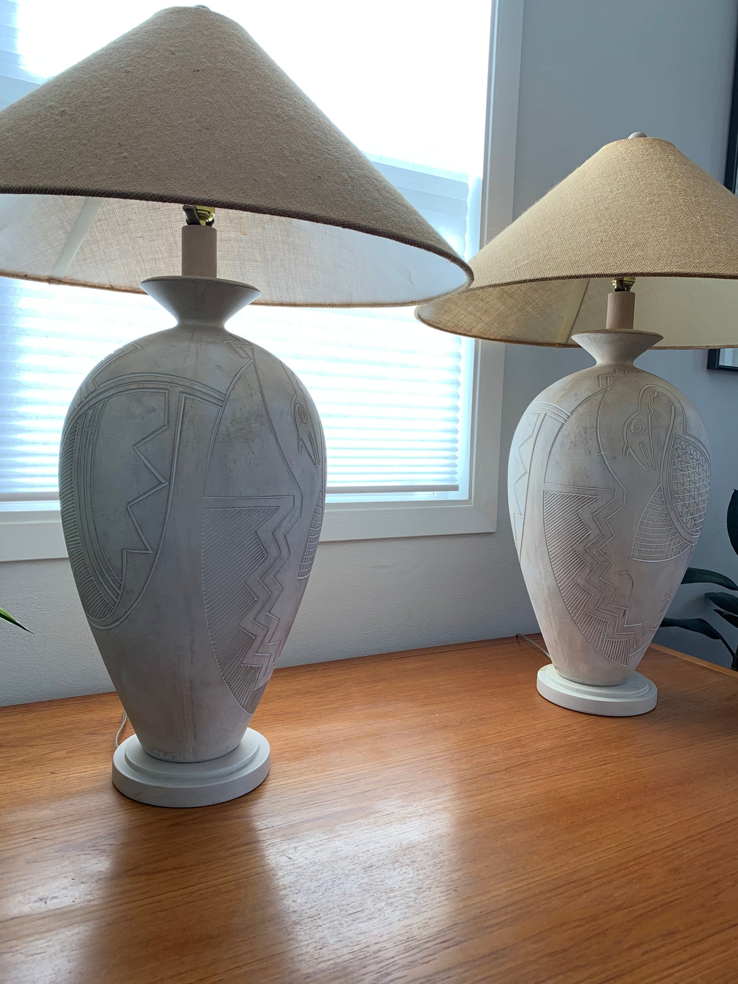 1980s Vintage Casual Lamps of California Tribal Bird Abstract White Plaster Lamps- a Pair
