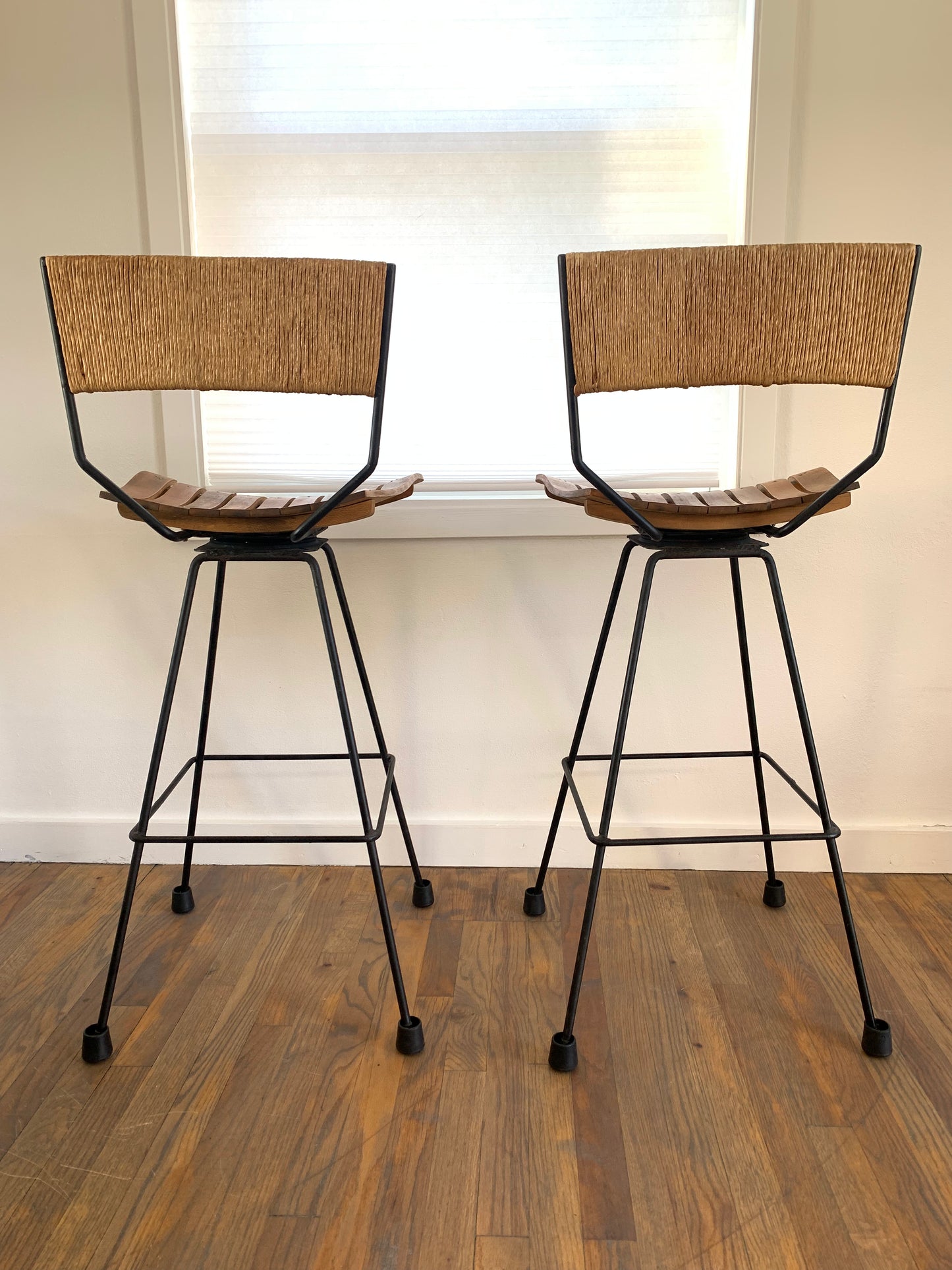 Mid-Century Modern Arthur Umanoff Mid Century Roped, Wood Slat & Iron Bar Stools