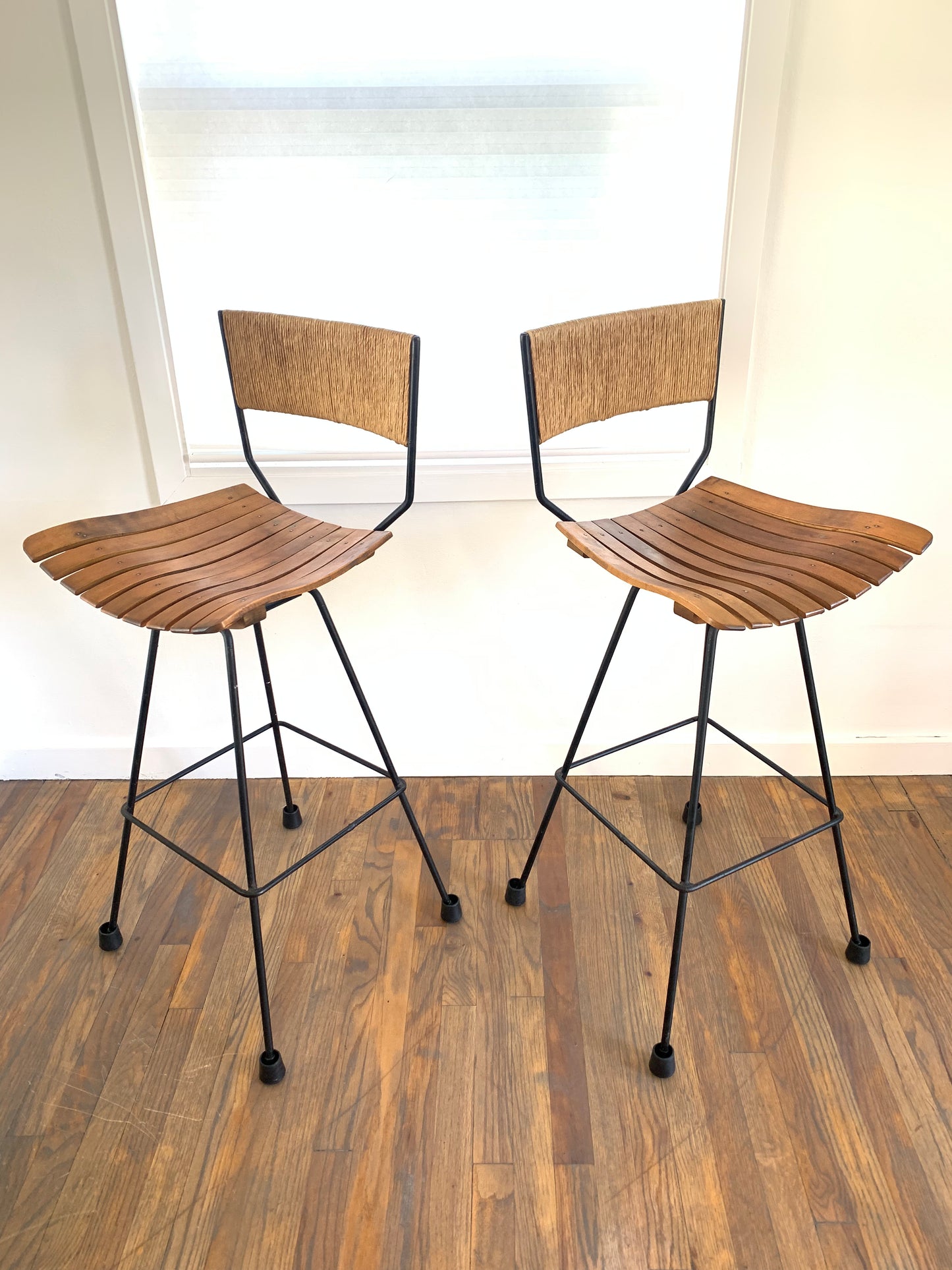 Mid-Century Modern Arthur Umanoff Mid Century Roped, Wood Slat & Iron Bar Stools