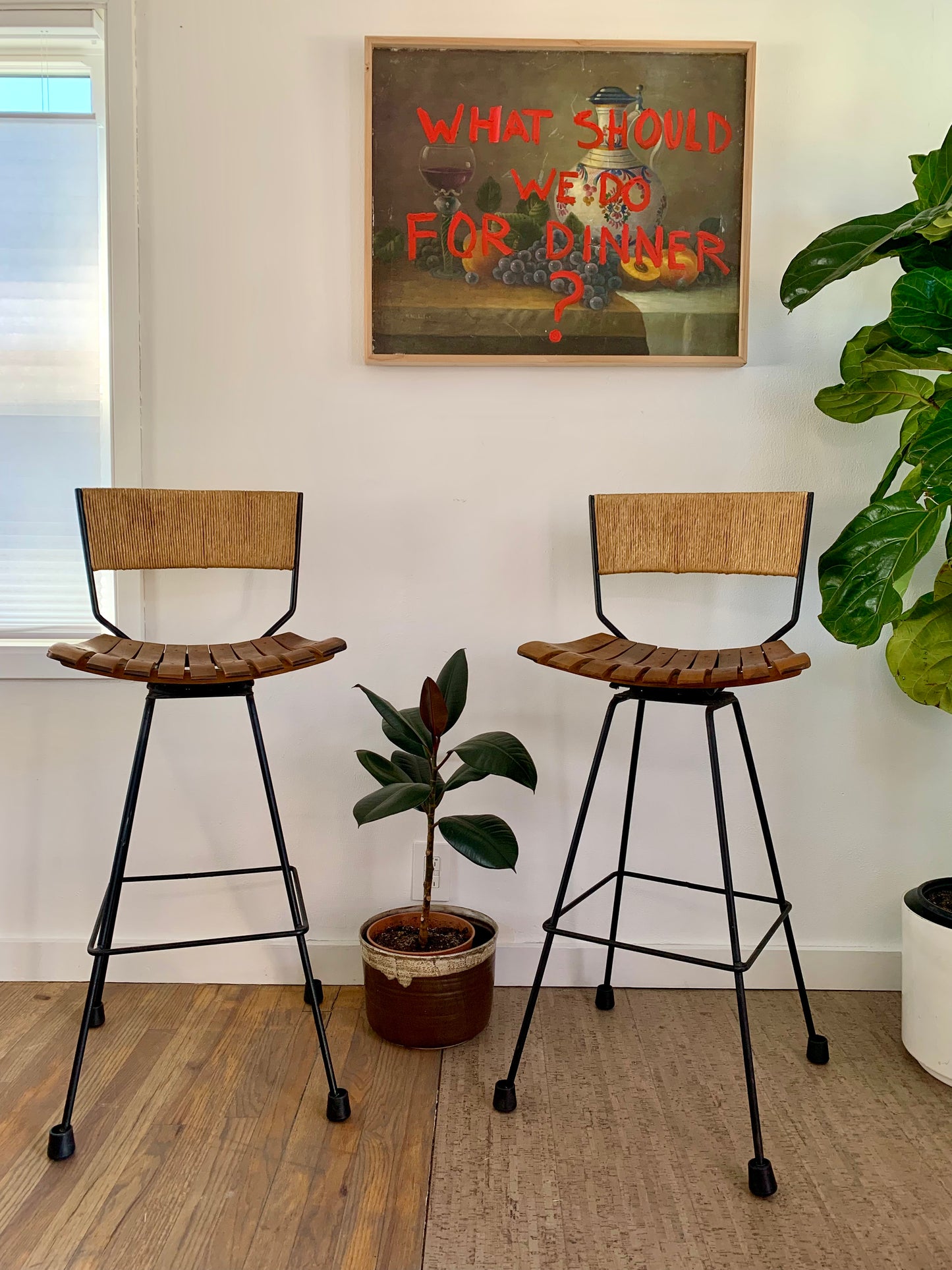 Mid-Century Modern Arthur Umanoff Mid Century Roped, Wood Slat & Iron Bar Stools