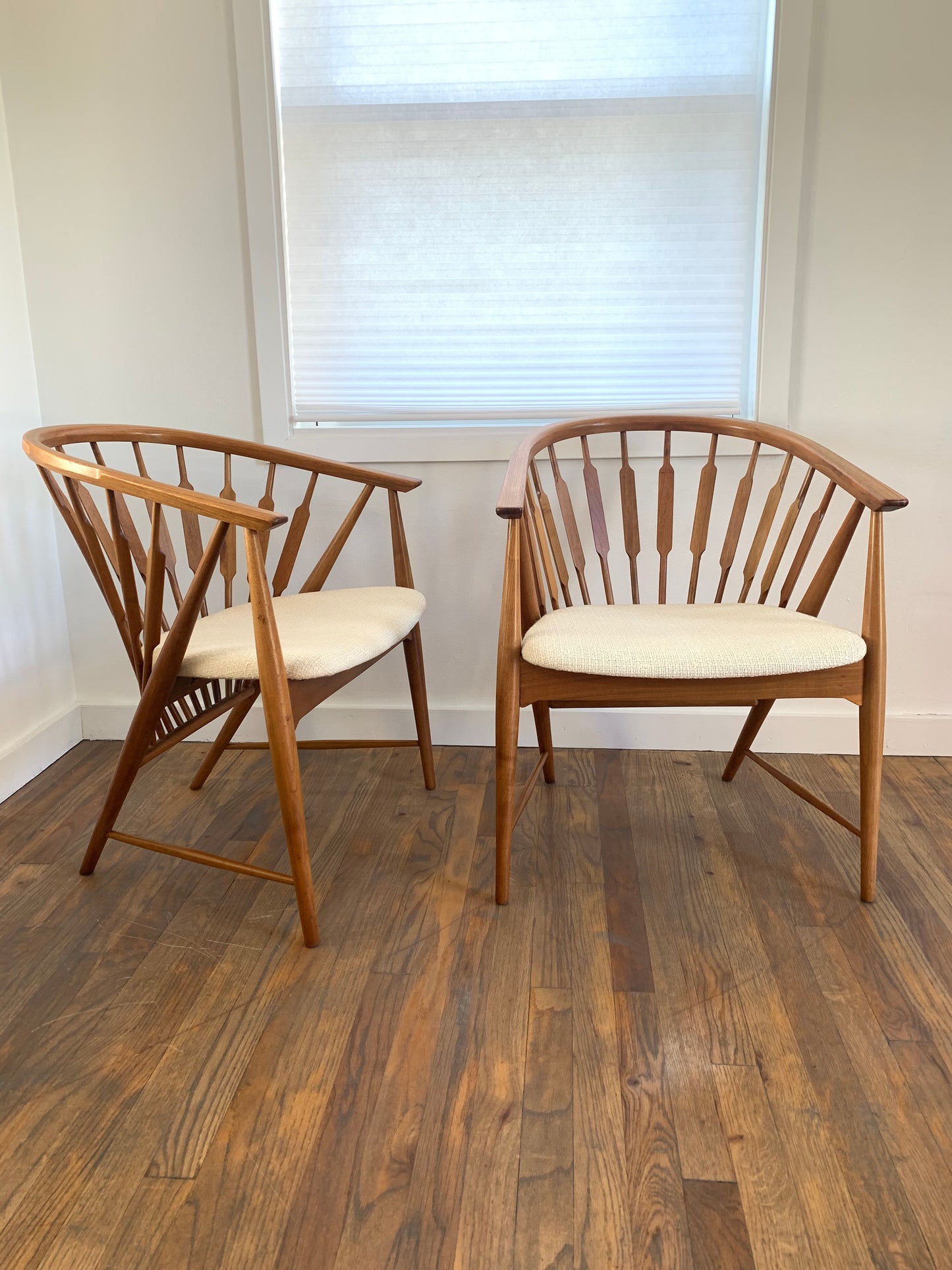 Mid-Century Modern Walnut Spindled Drexel Declaration Captain's Chairs - a Pair