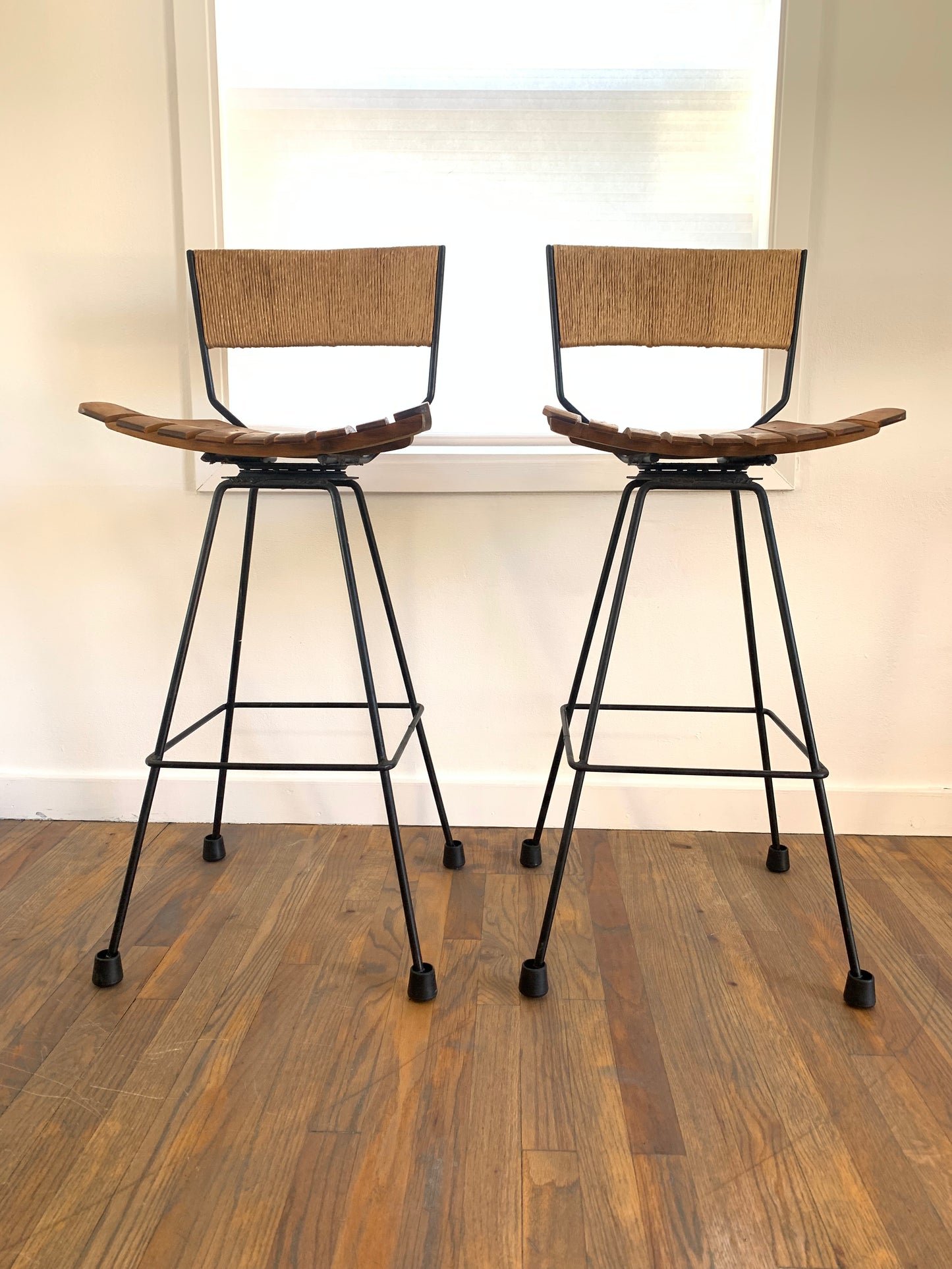 Mid-Century Modern Arthur Umanoff Mid Century Roped, Wood Slat & Iron Bar Stools