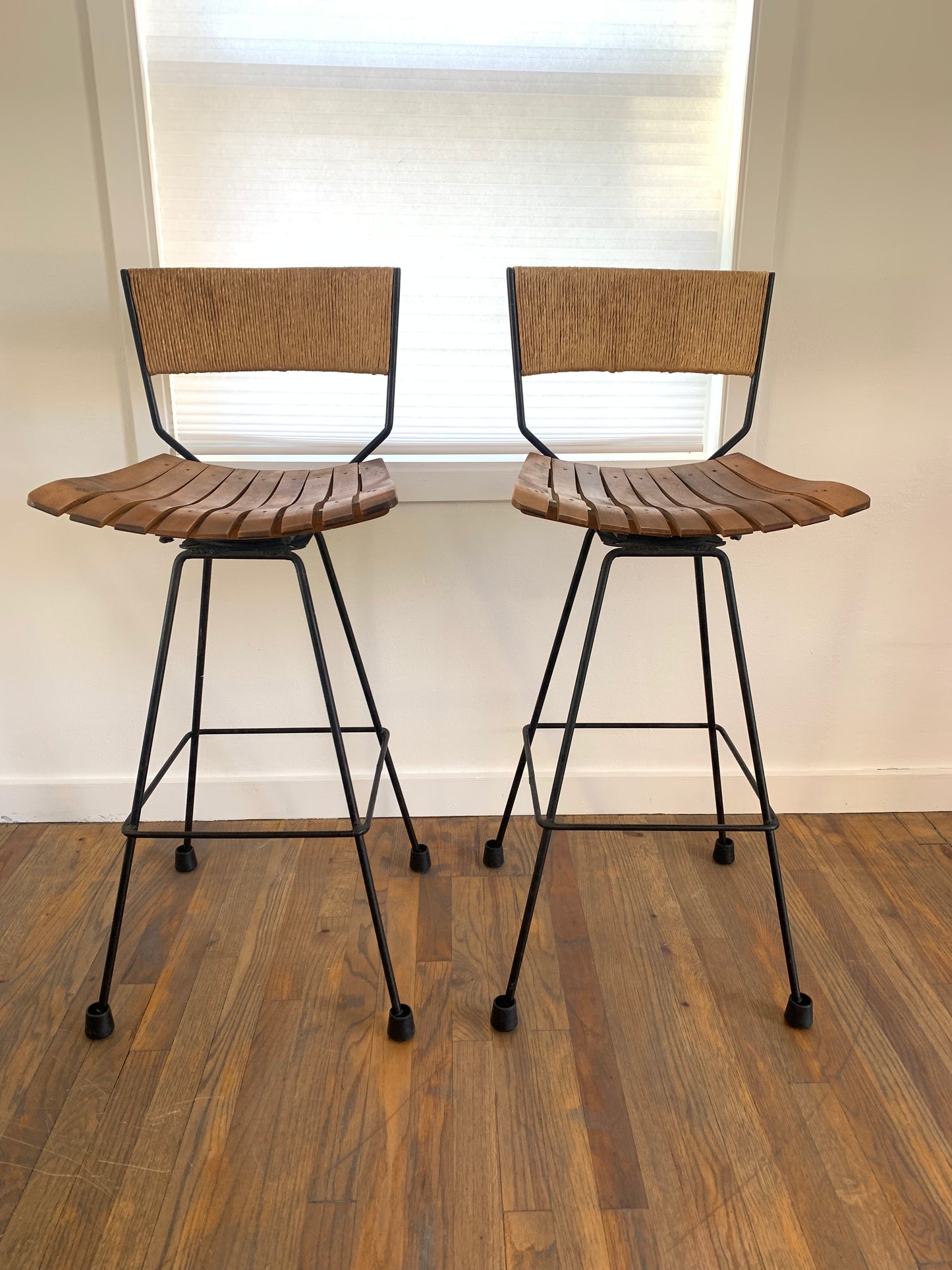 Mid-Century Modern Arthur Umanoff Mid Century Roped, Wood Slat & Iron Bar Stools