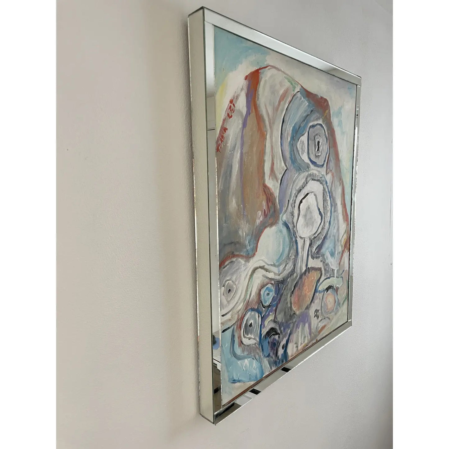 Vintage Signed Abstract Flowing Forms Acrylic Painting on Canvas Board by Teresa Lawrenson Handmade Mirror Frame