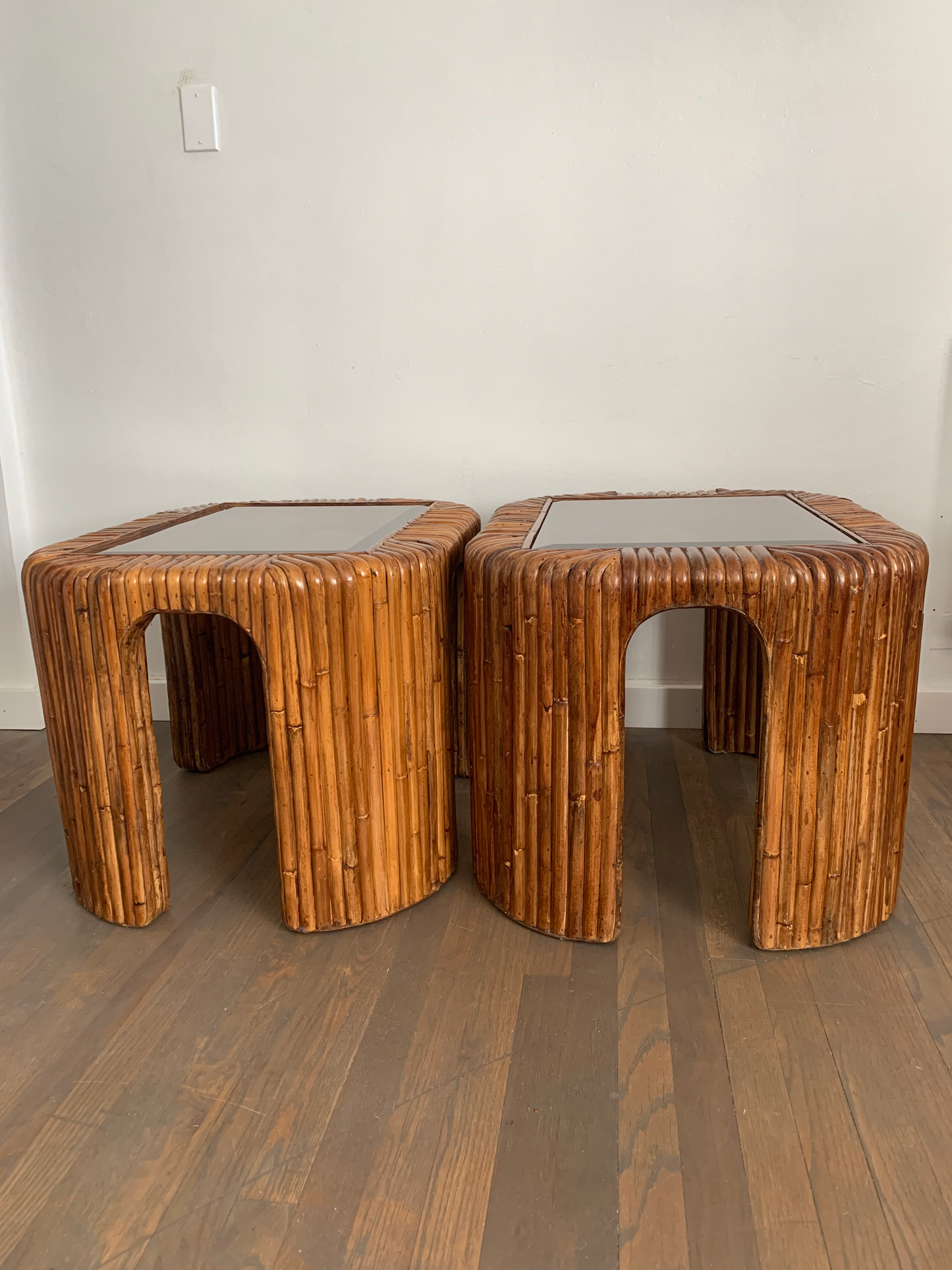 Late 20th Century Split Reed Bamboo Rattan Smoked Glass Waterfall Side Tables - a Pair