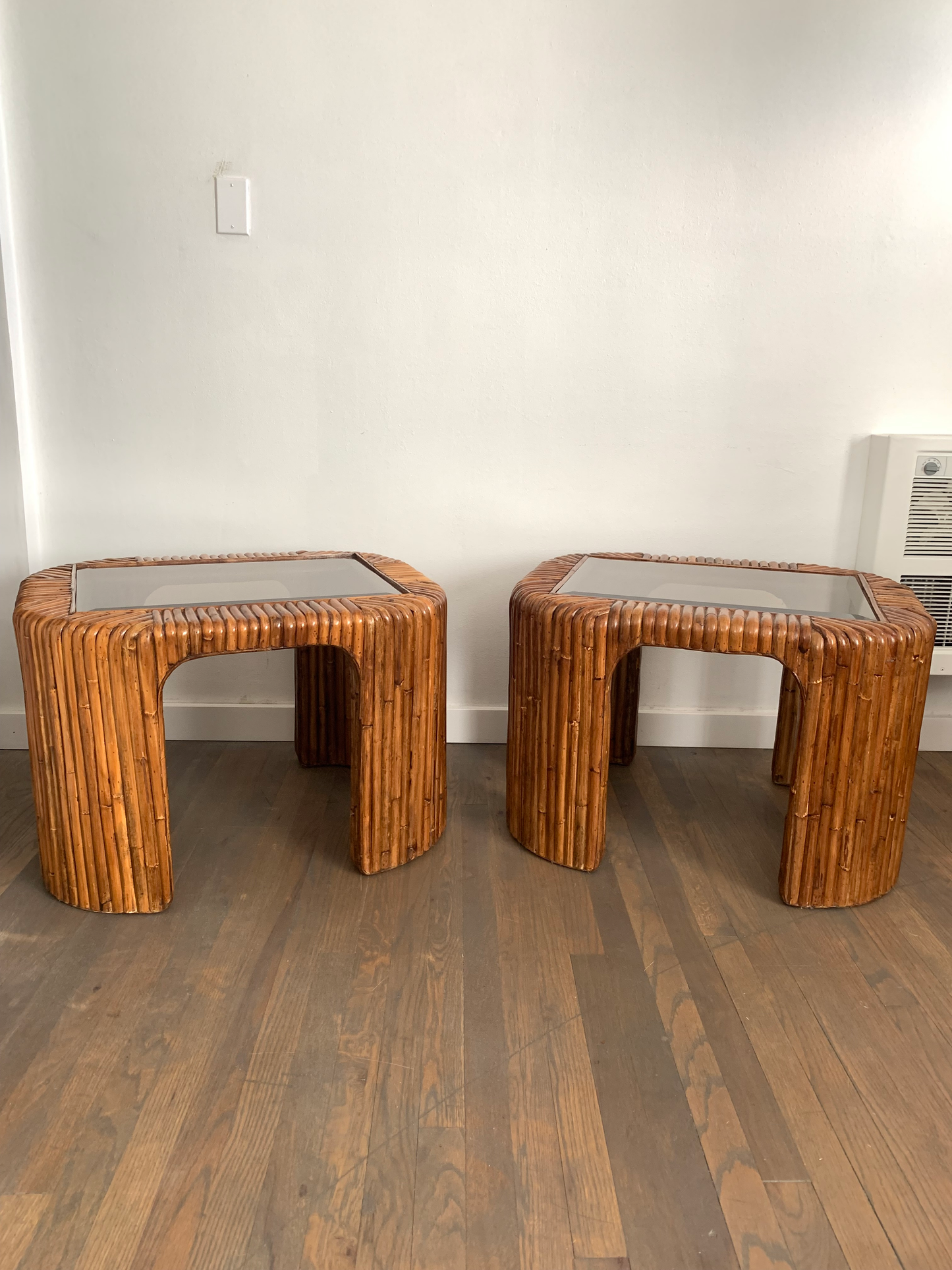 Late 20th Century Split Reed Bamboo Rattan Smoked Glass Waterfall Side Tables - a Pair