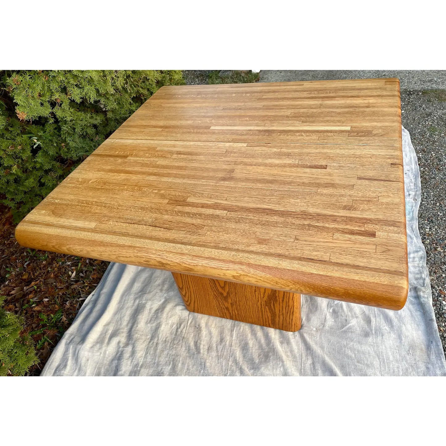 Vintage Modern Butcher Block Oak Scroll Edge Expandable Dining Table