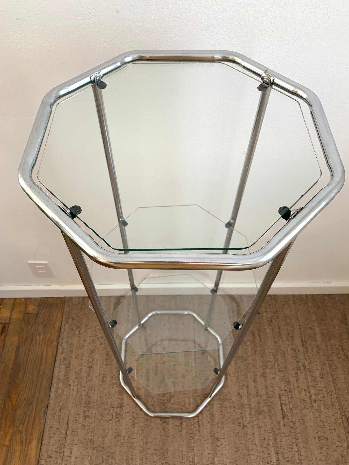 Metal and Glass Minimalist Modern Octagonal Corner Etegere