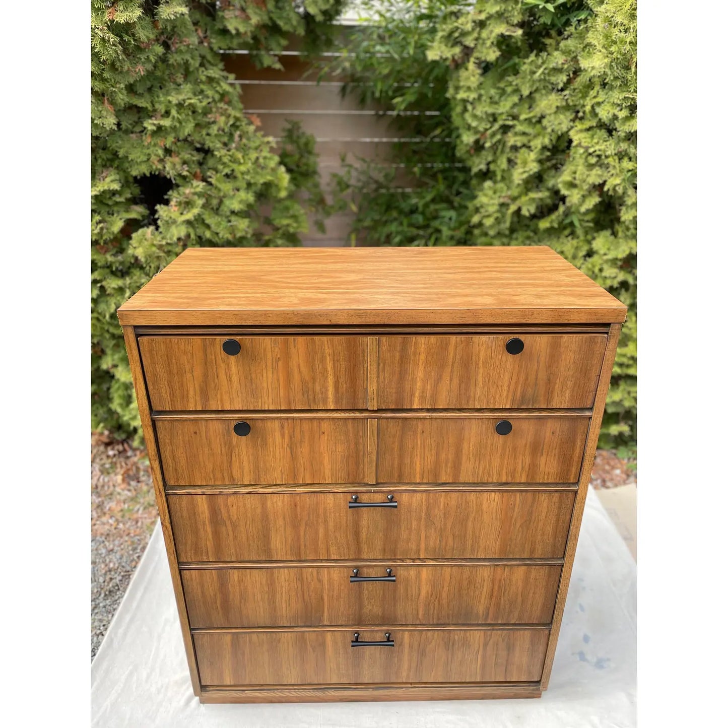 Mid 20th Century Mid-Century Modern Solid Oak Highboy in a Dark Finish and Laminate Top