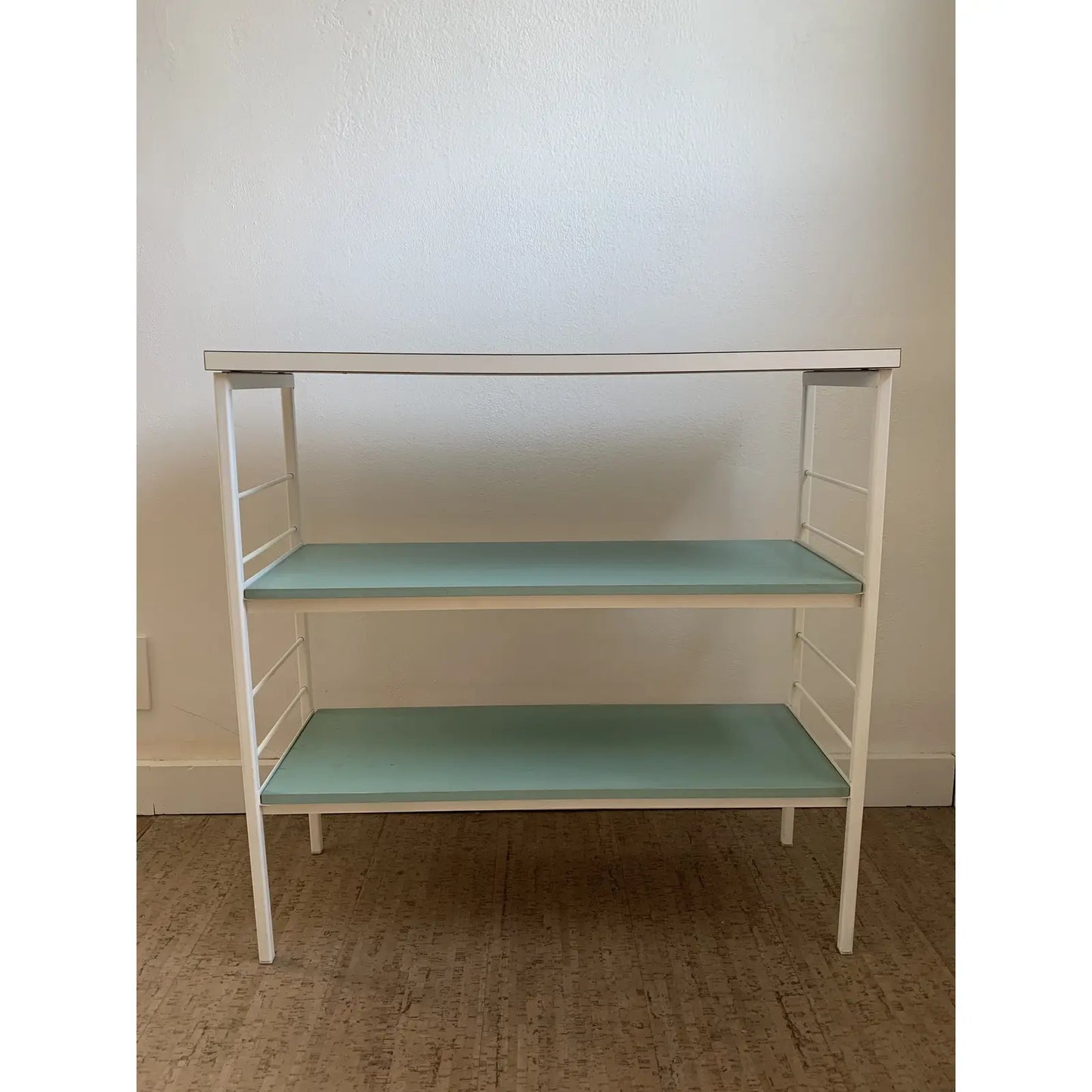 Mid 20th Century Mid-Century Modern Vista of California Shelves in Original White Formica Top and Teal Shelves