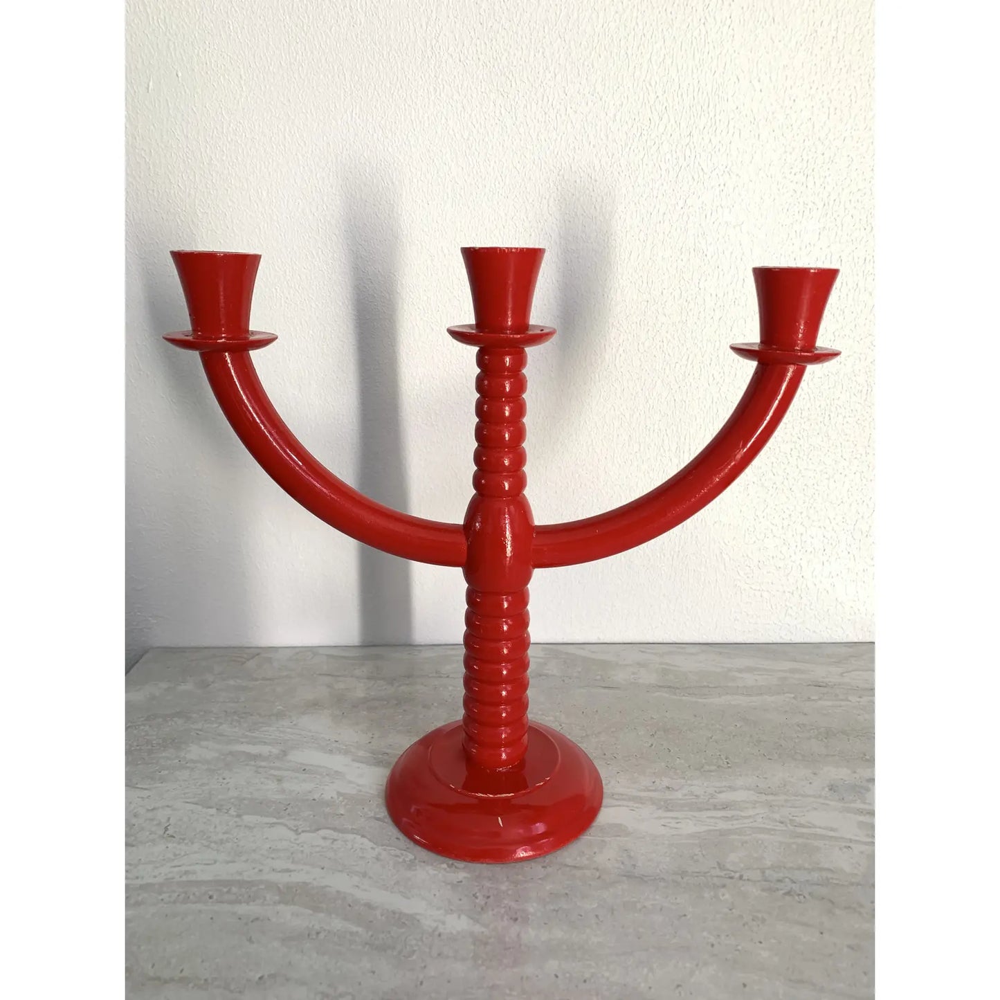 Mid 20th Century Scandinavian Red Lacquered Wood Candelabra Made in Finland