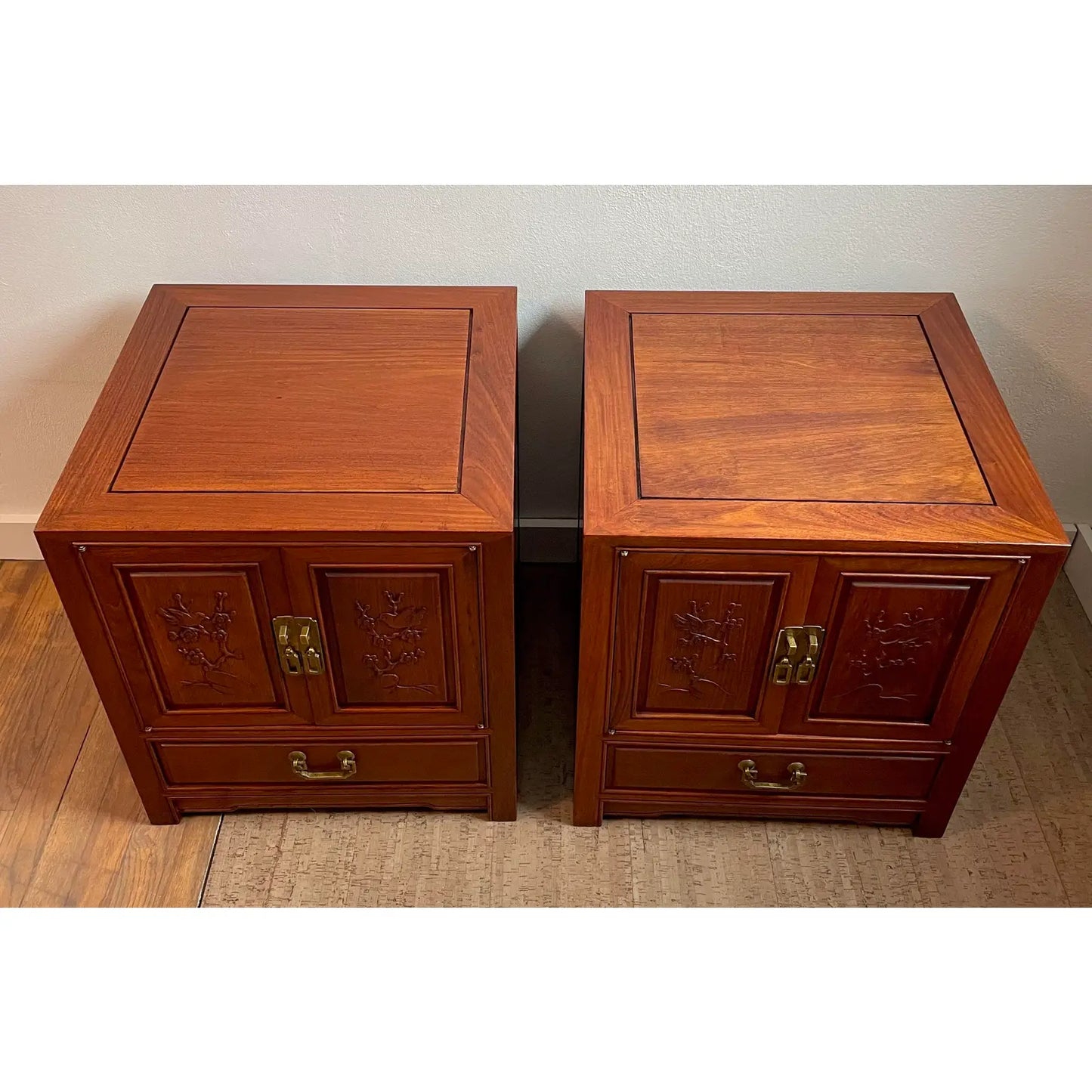 Mid 20th Century Vintage Chinoiserie Hand Carved Solid Rosewood End Cabinets - a Pair