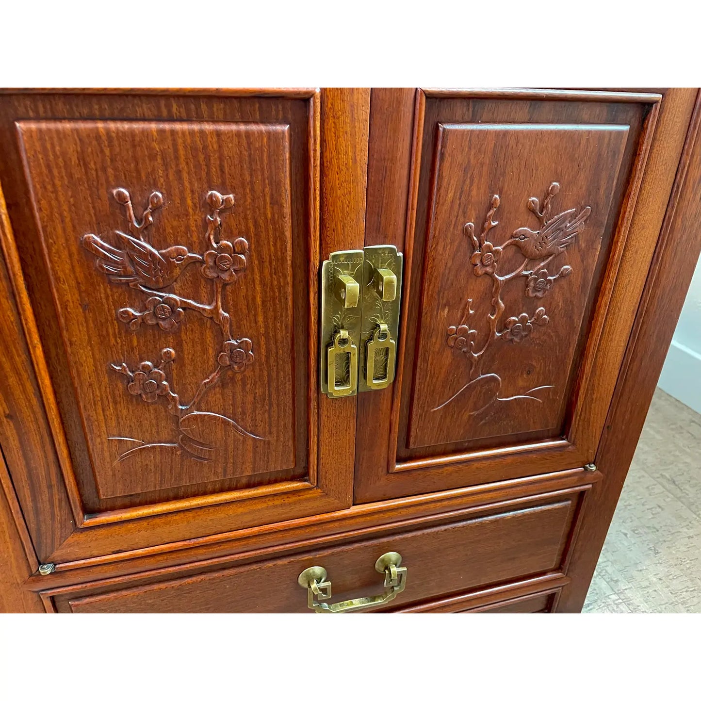 Mid 20th Century Vintage Chinoiserie Hand Carved Solid Rosewood End Cabinets - a Pair