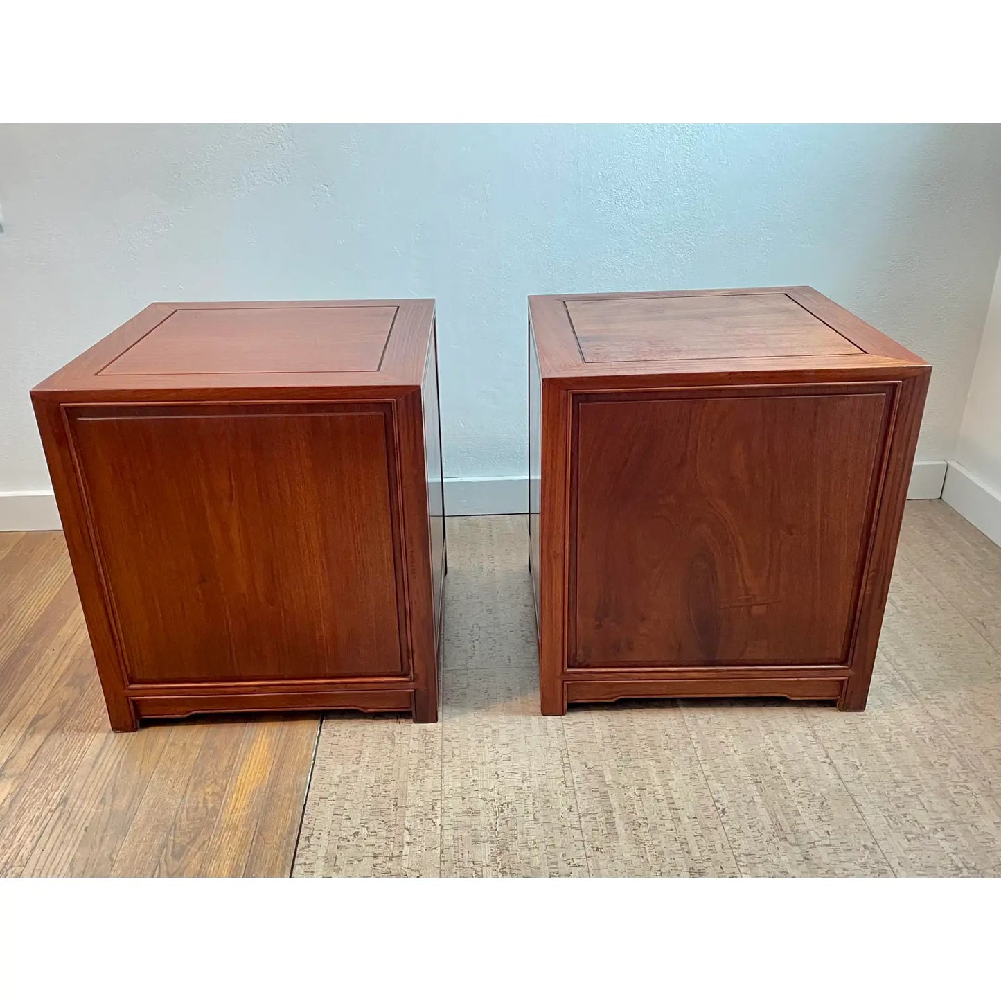 Mid 20th Century Vintage Chinoiserie Hand Carved Solid Rosewood End Cabinets - a Pair