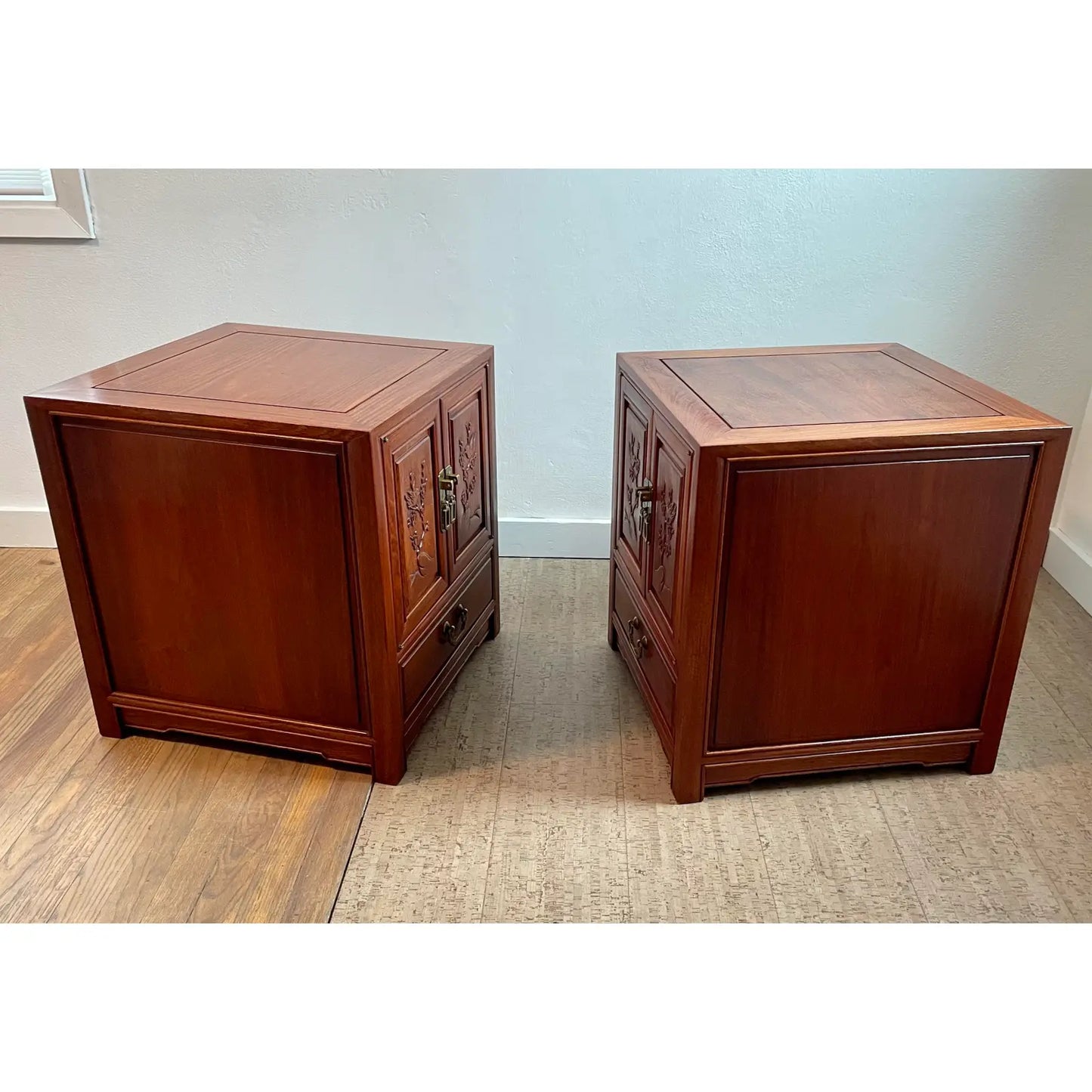 Mid 20th Century Vintage Chinoiserie Hand Carved Solid Rosewood End Cabinets - a Pair