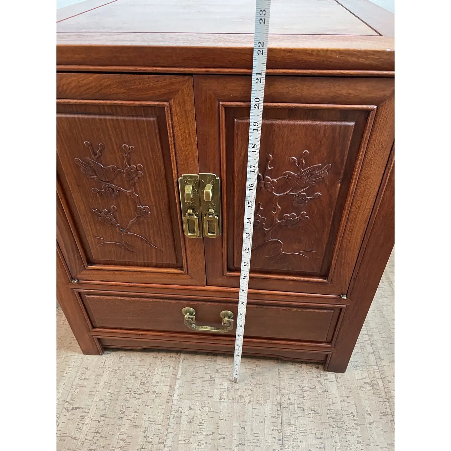 Mid 20th Century Vintage Chinoiserie Hand Carved Solid Rosewood End Cabinets - a Pair