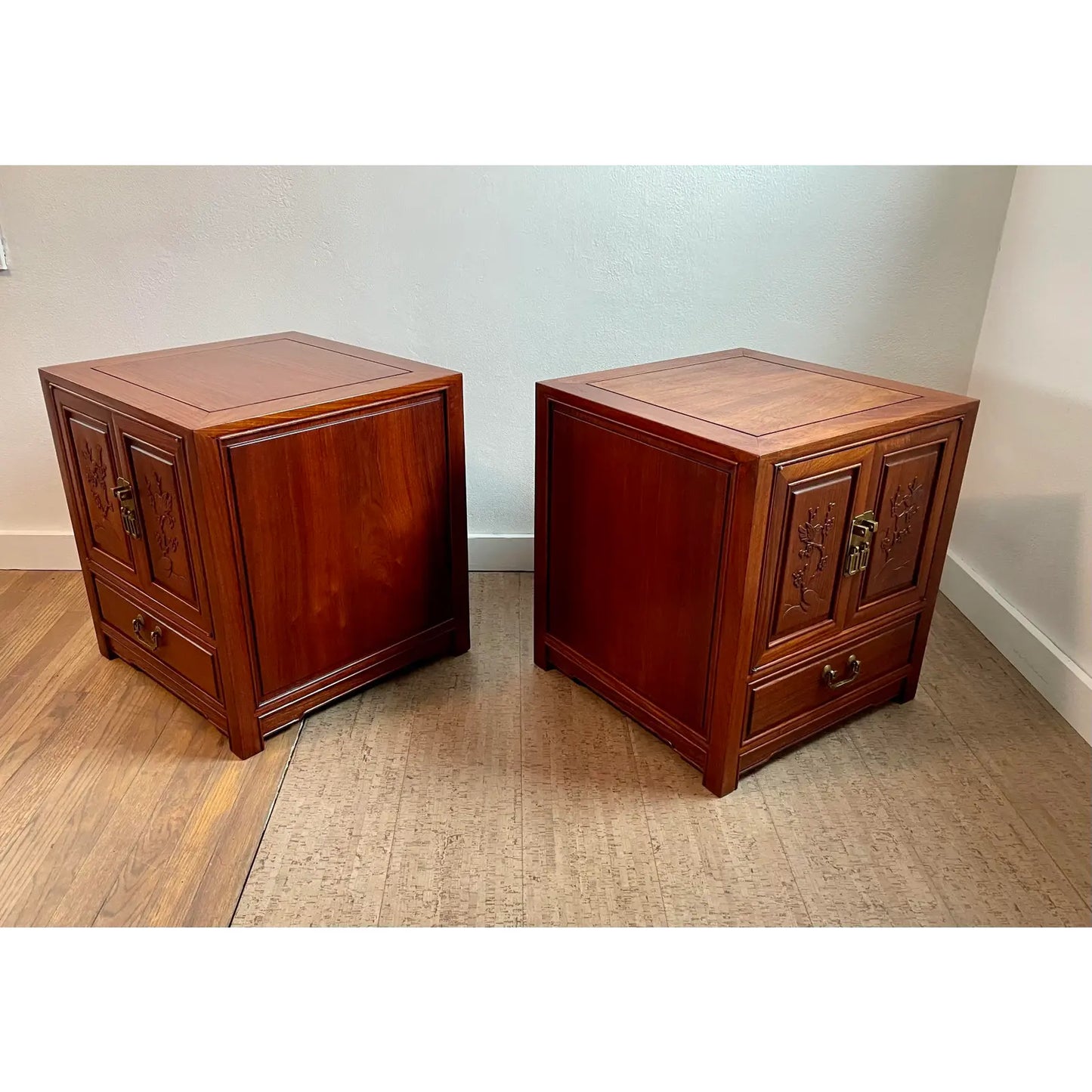 Mid 20th Century Vintage Chinoiserie Hand Carved Solid Rosewood End Cabinets - a Pair