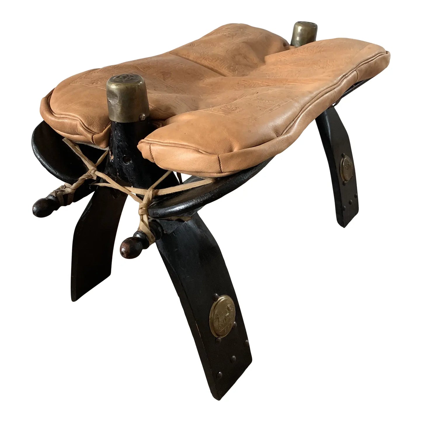 Vintage Leather Camel Saddle Ottoman Stool With Egyptian Motif