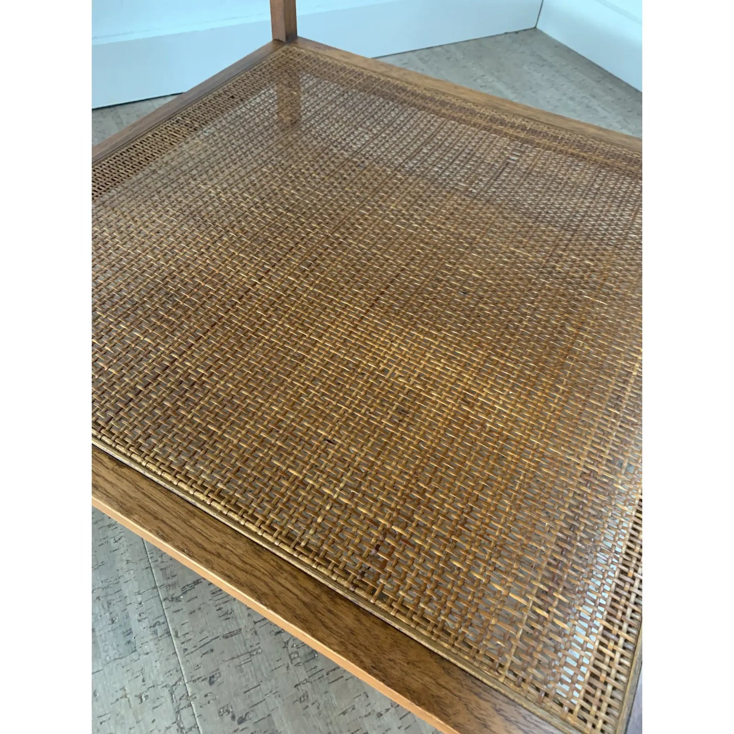 Mid 20th Century Walnut Side Table With Woven Cane Shelf