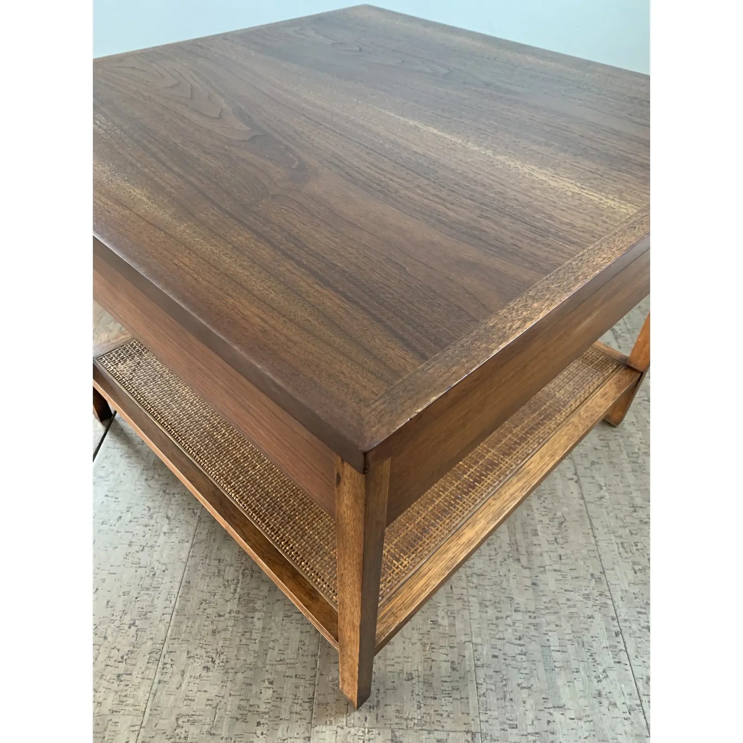 Mid 20th Century Walnut Side Table With Woven Cane Shelf
