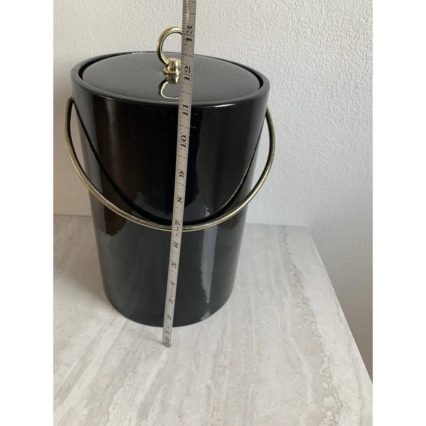 Mid-Century Modern Black Vinyl & Brass Standing Ice Champagne Bucket