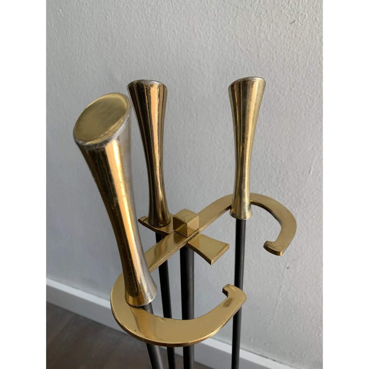 Mid Century Modern Brass and Black Fireplace Tool Set