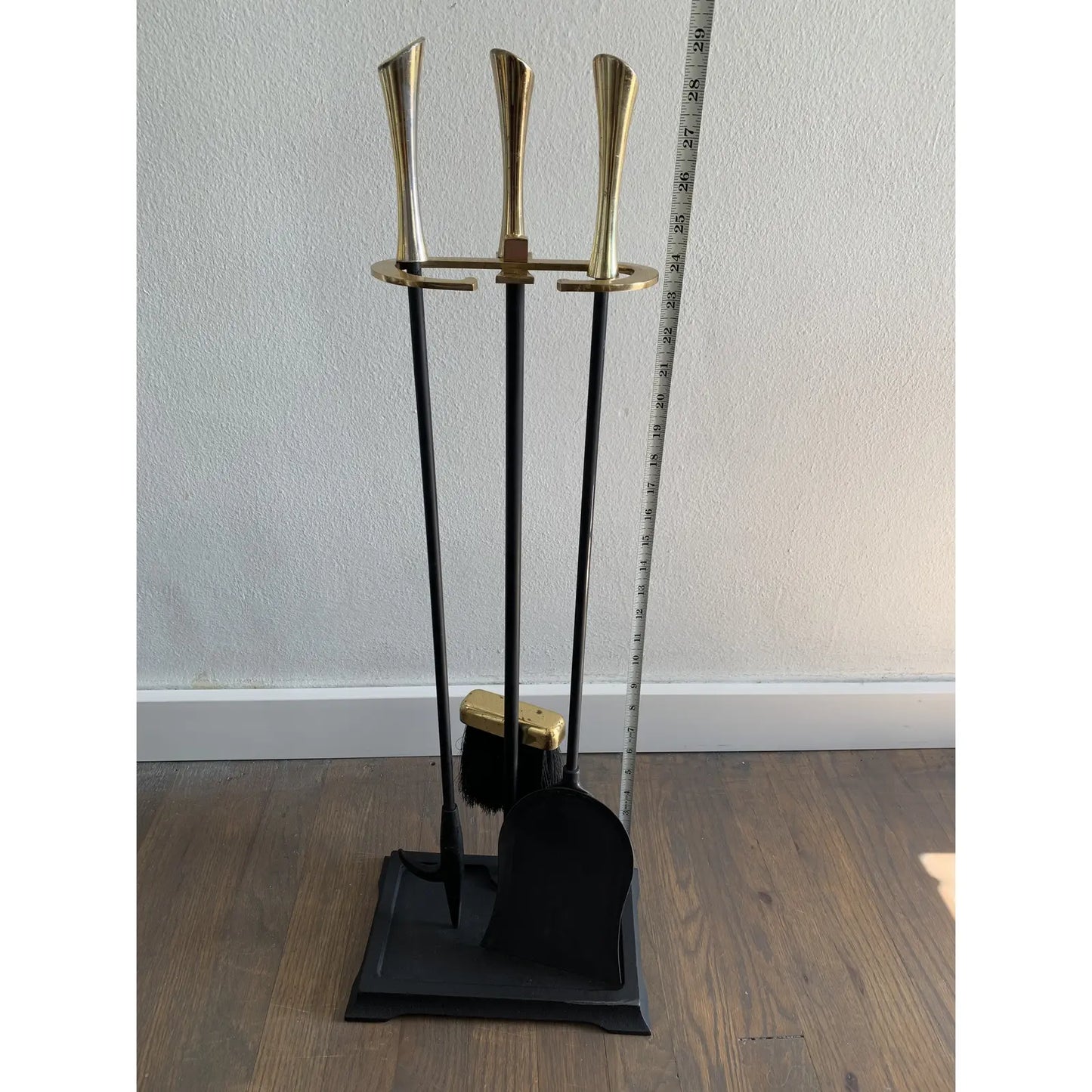 Mid Century Modern Brass and Black Fireplace Tool Set