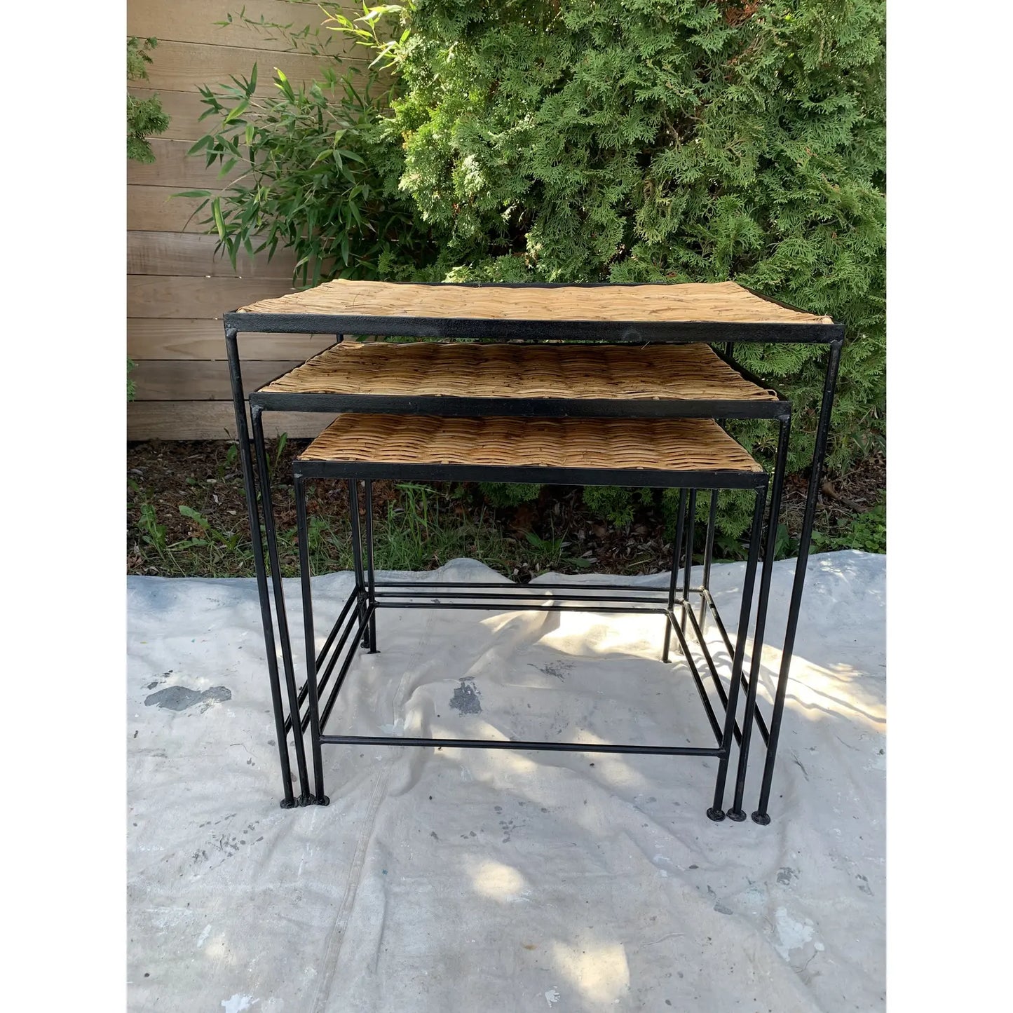 Mid-Century Modern California Style Cane and Iron Nesting Tables - 3 Pieces